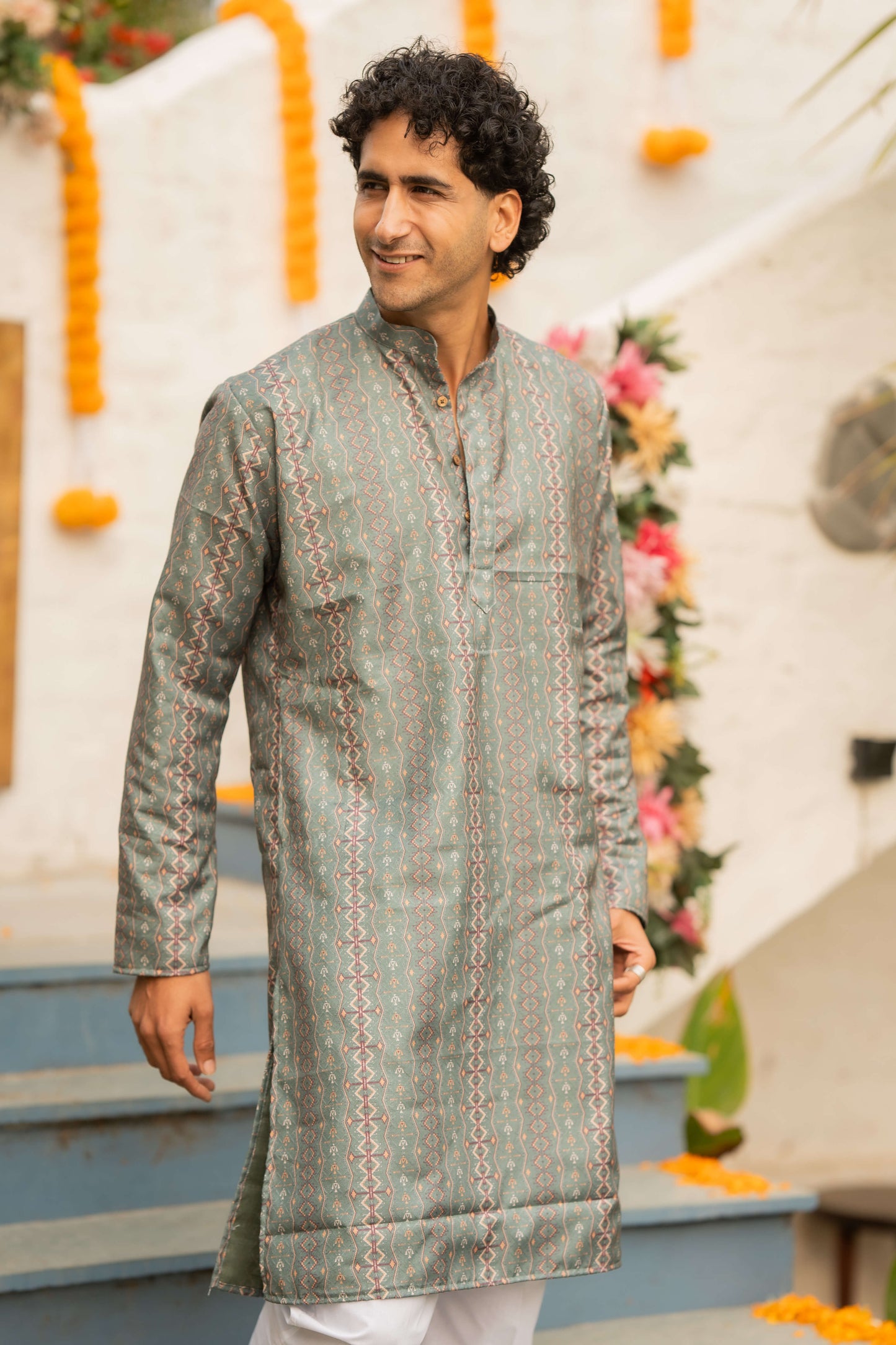 The Fern Green Long Kurta With Tribal Print
