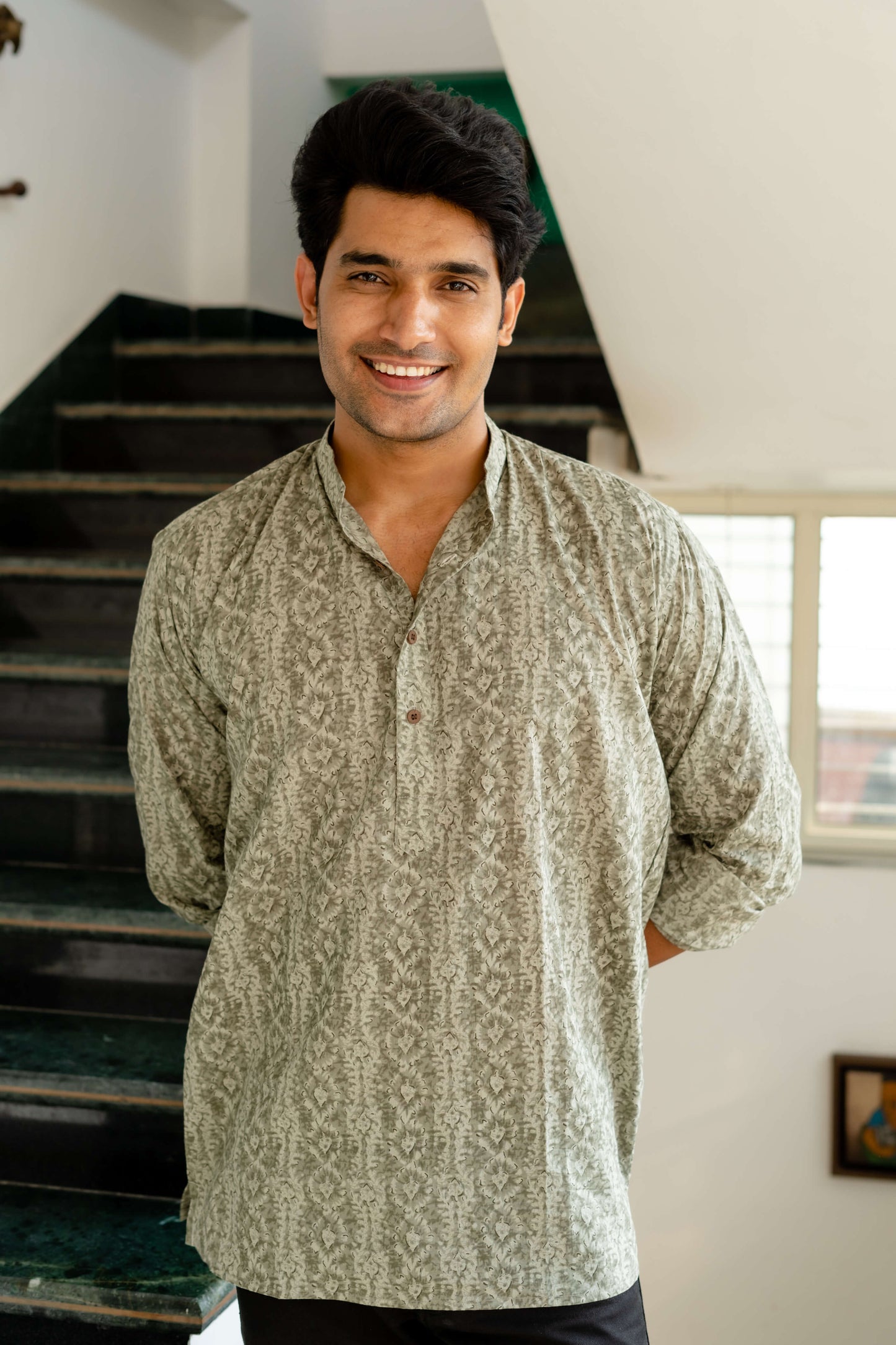 The Grey Tribal-Floral Print Short Kurta