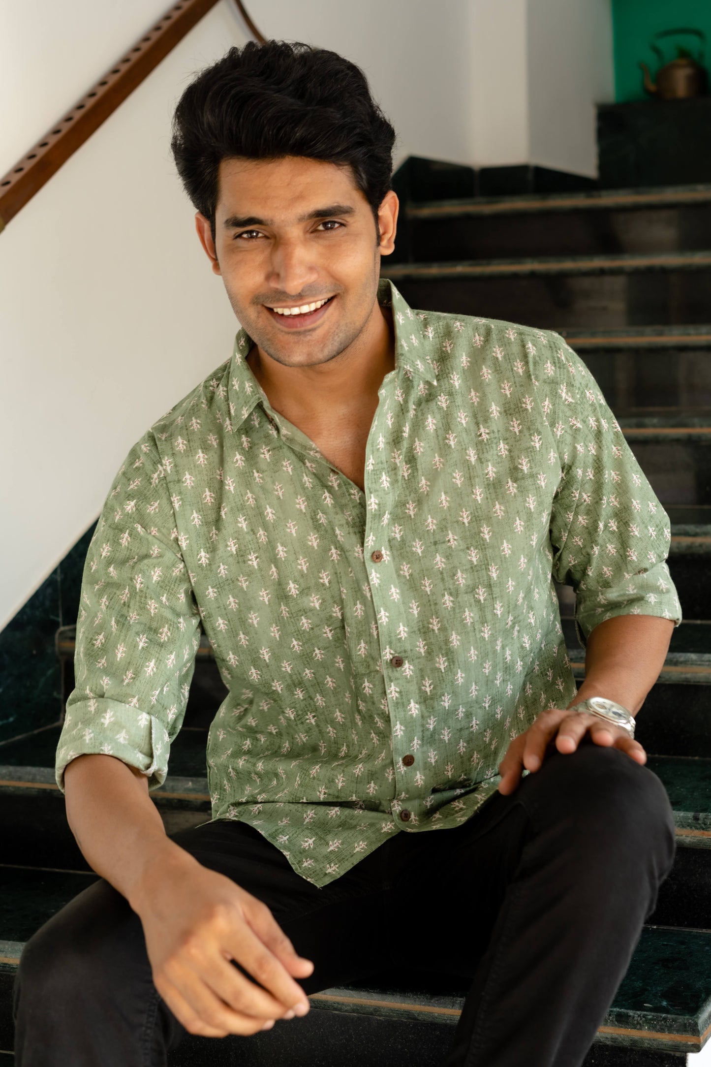 The Forest Green Shirt With Floral Butti Print