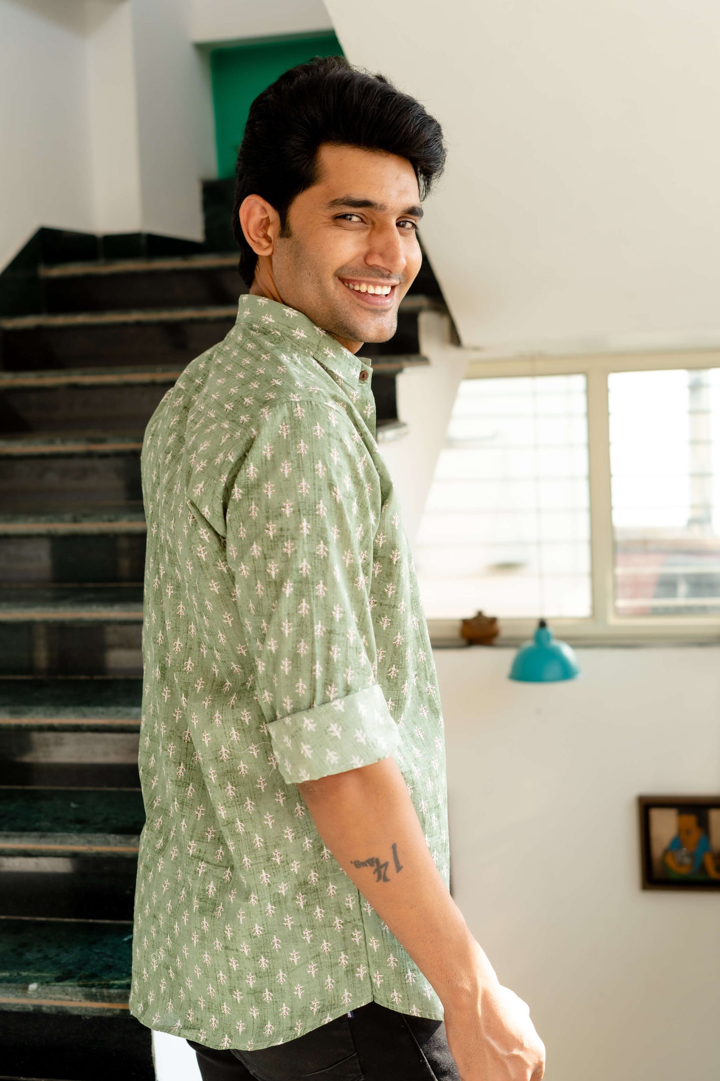 The Forest Green Shirt With Floral Butti Print
