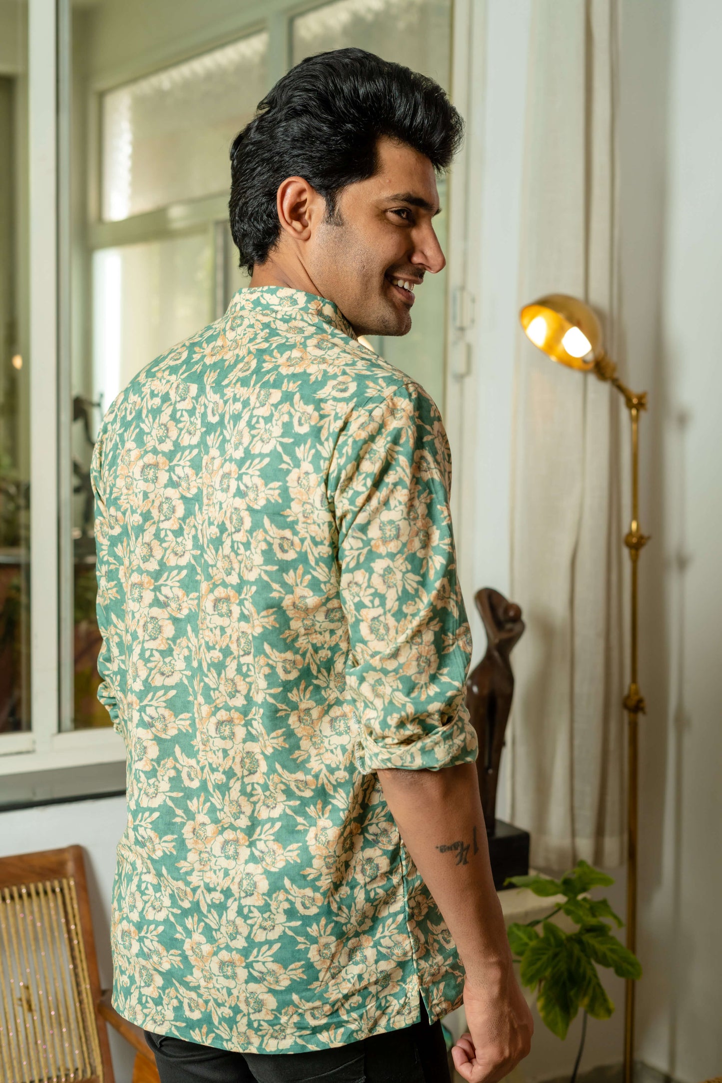 The Ocean Green And Cream All-Over Floral Print Short Kurta