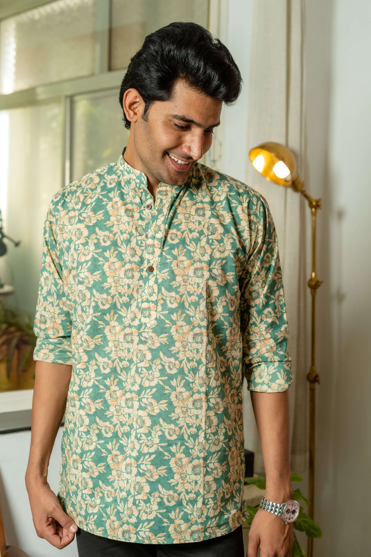The Ocean Green And Cream All-Over Floral Print Short Kurta