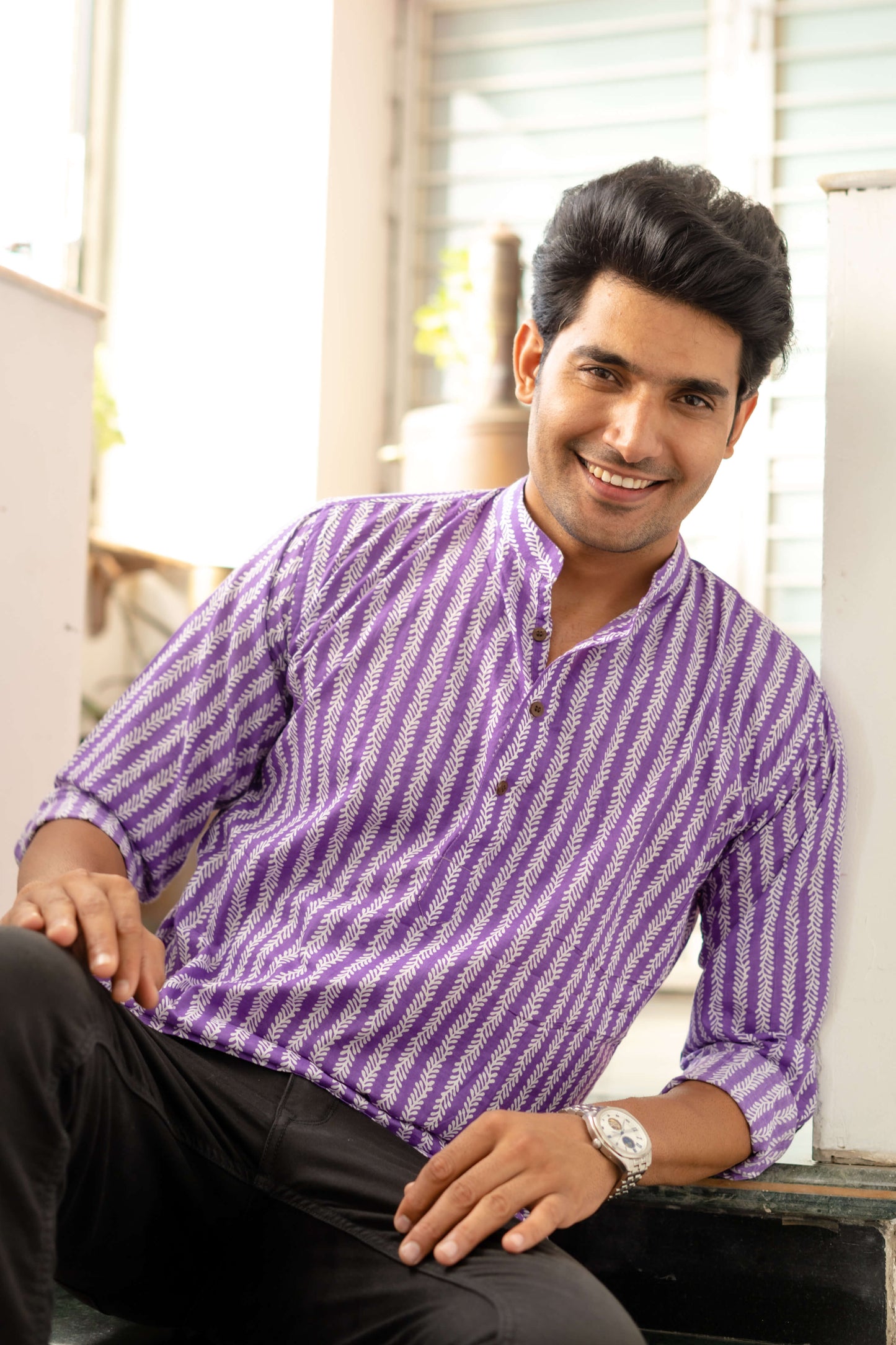 The Light Purple Floral Stripe Print Short Kurta