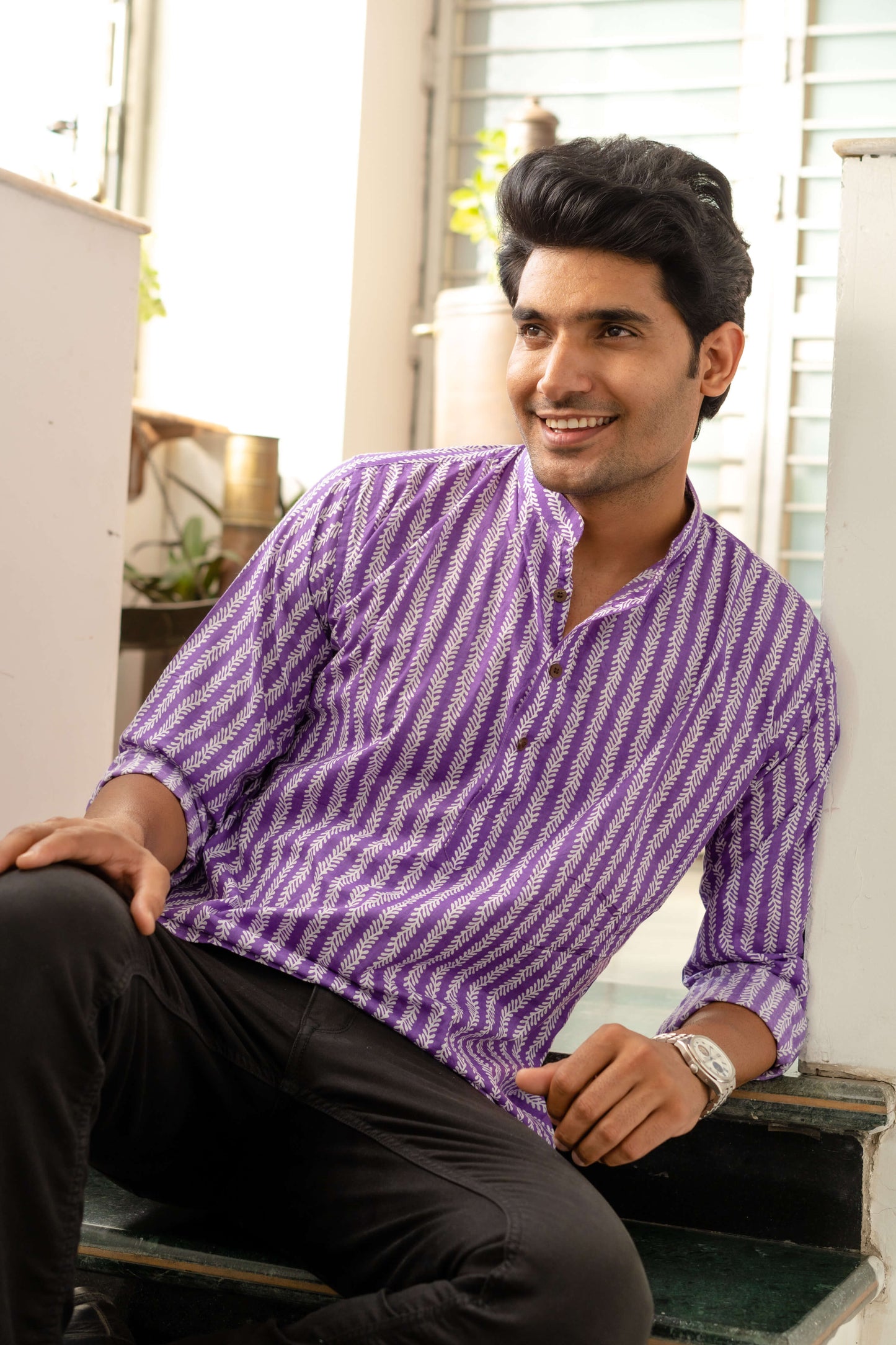 The Light Purple Floral Stripe Print Short Kurta