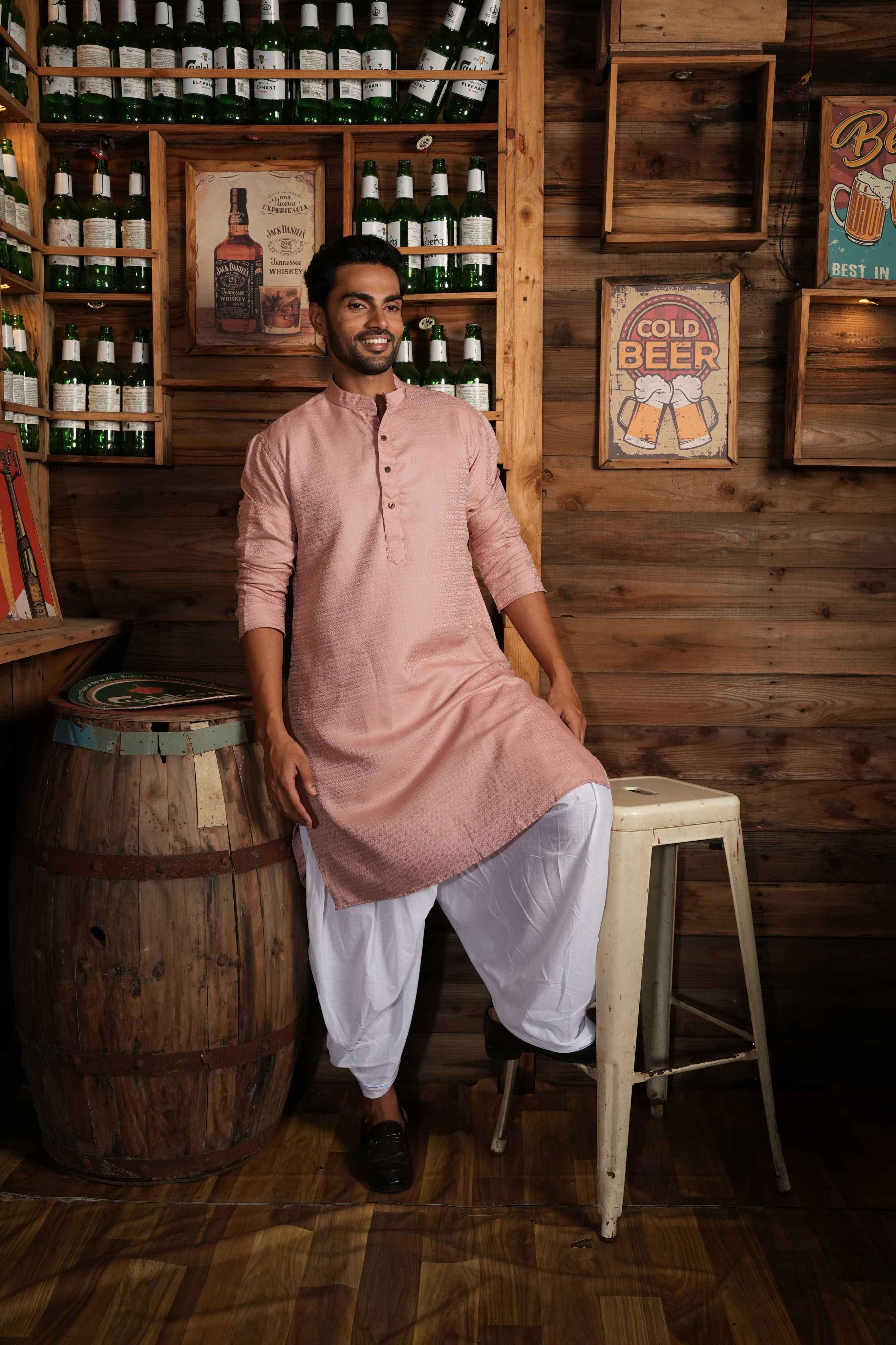 The Pastel Pink Self Work Long Kurta