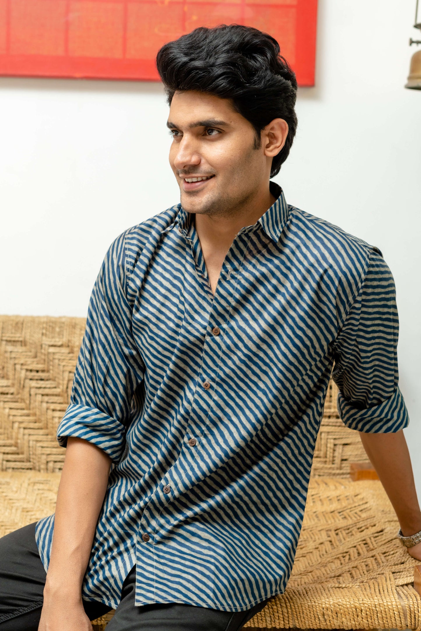 The Navy Blue And Brown Wavy Print Shirt
