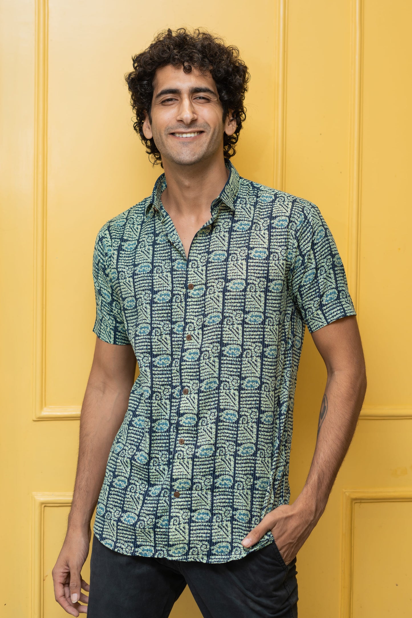 The English Green And Blue Tribal Print Kantha Work Half Sleeves Shirt