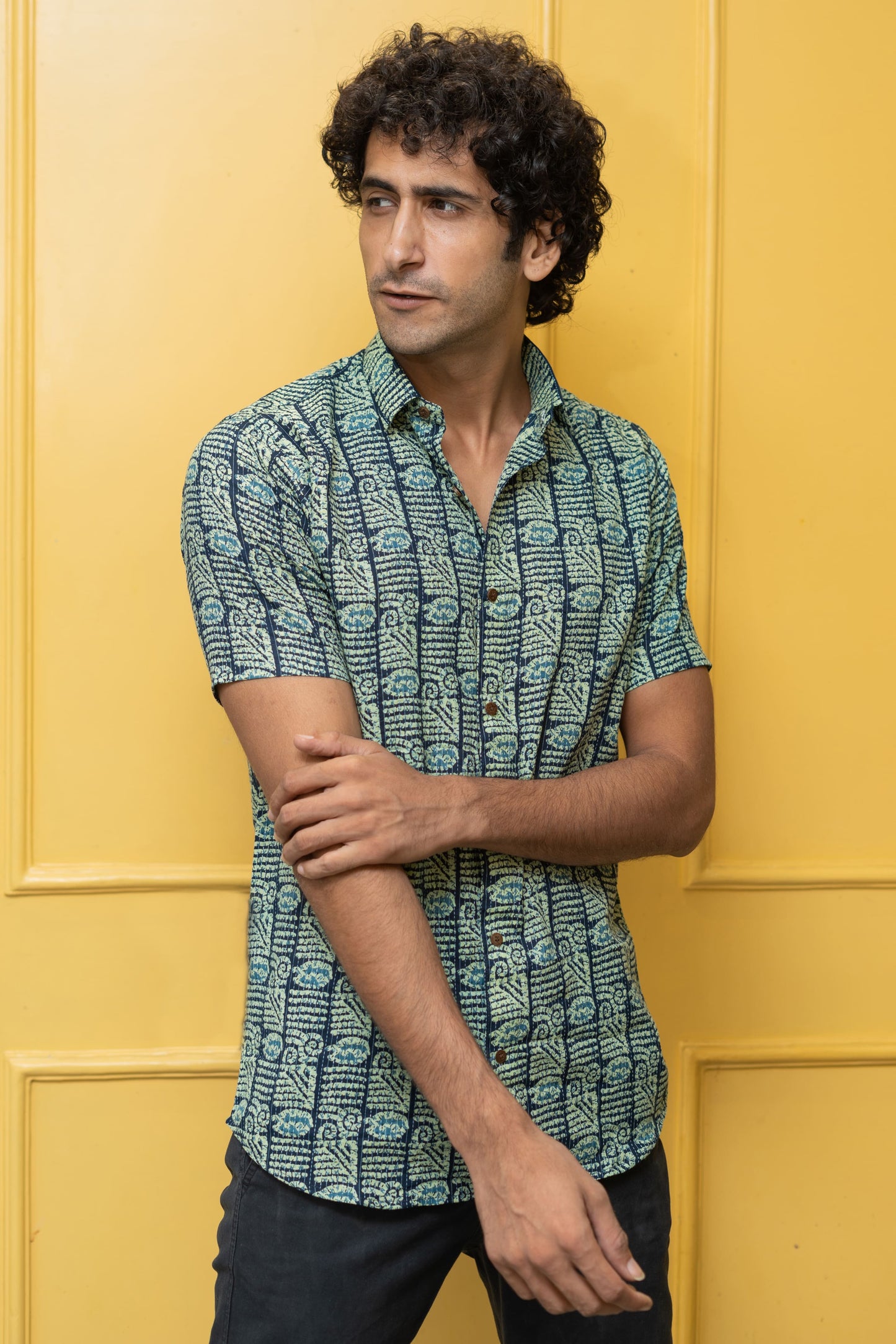 The English Green And Blue Tribal Print Kantha Work Half Sleeves Shirt