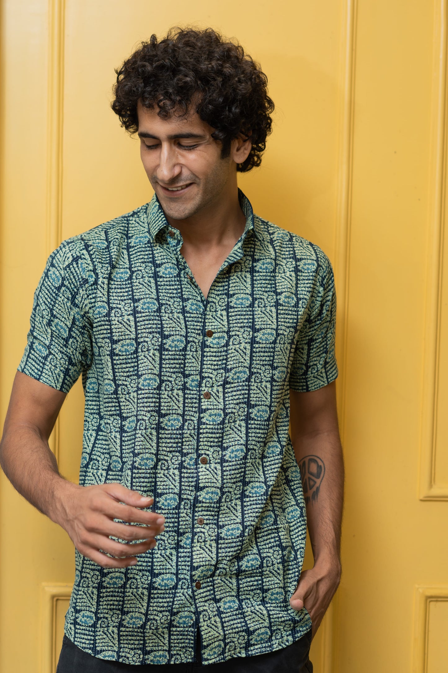 The English Green And Blue Tribal Print Kantha Work Half Sleeves Shirt