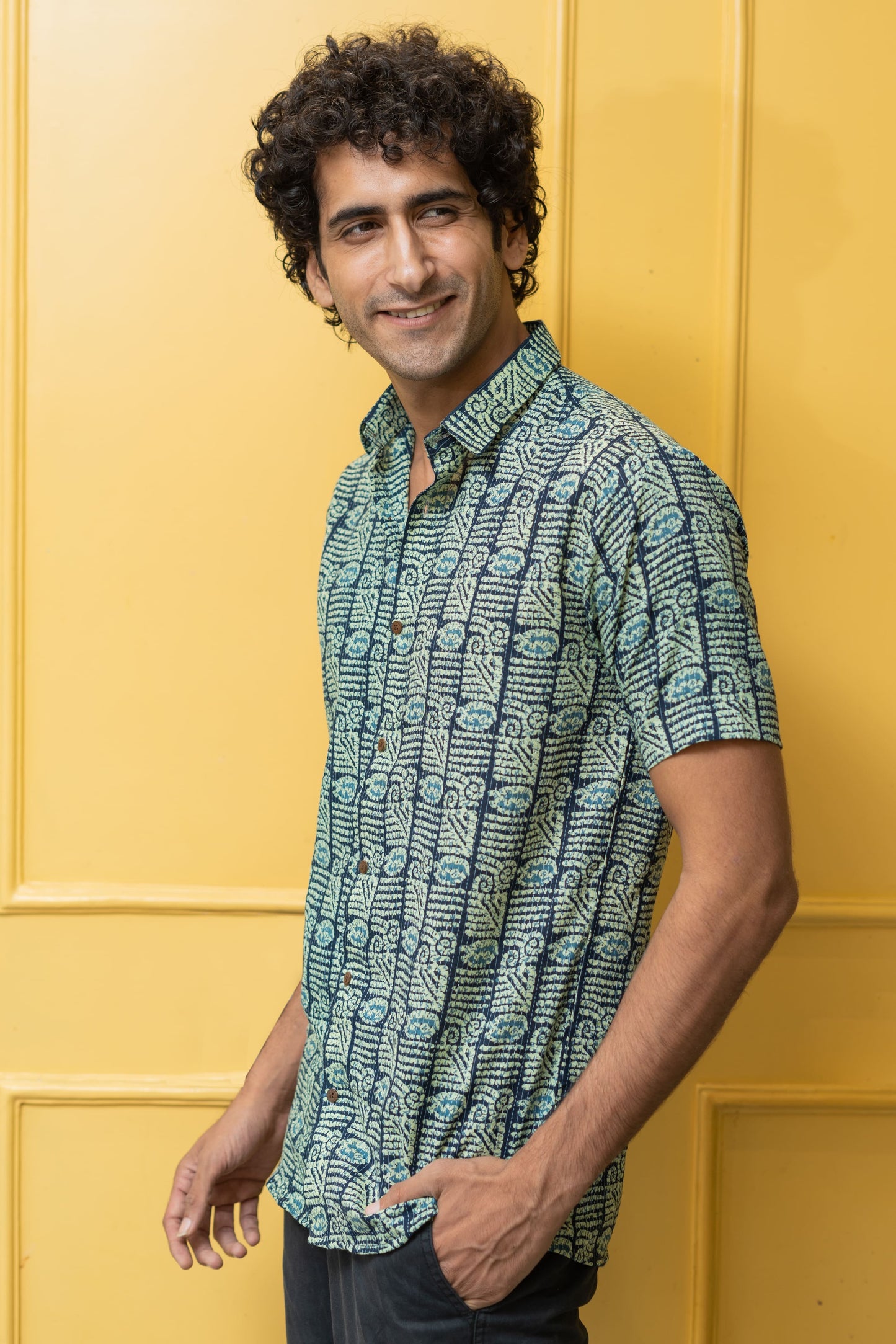 The English Green And Blue Tribal Print Kantha Work Half Sleeves Shirt