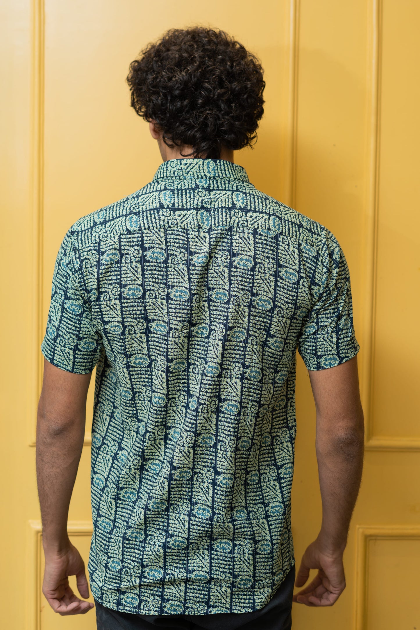 The English Green And Blue Tribal Print Kantha Work Half Sleeves Shirt