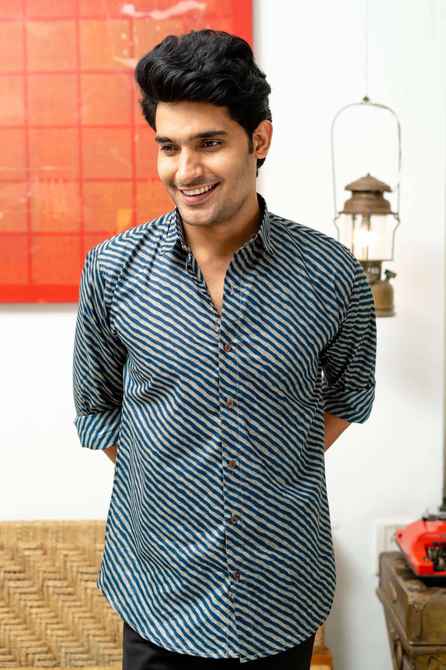 The Navy Blue And Brown Wavy Print Shirt