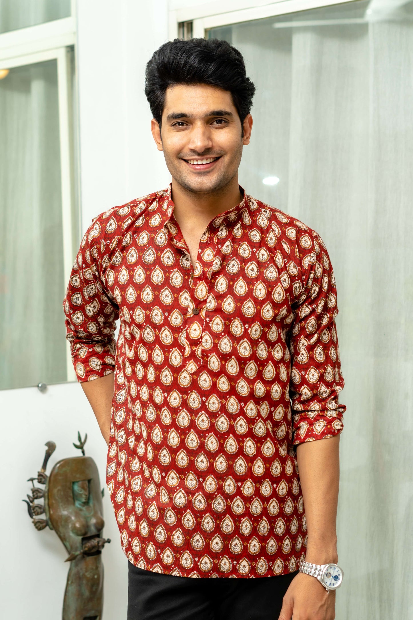 The Bagru Red Floral Print Short Kurta