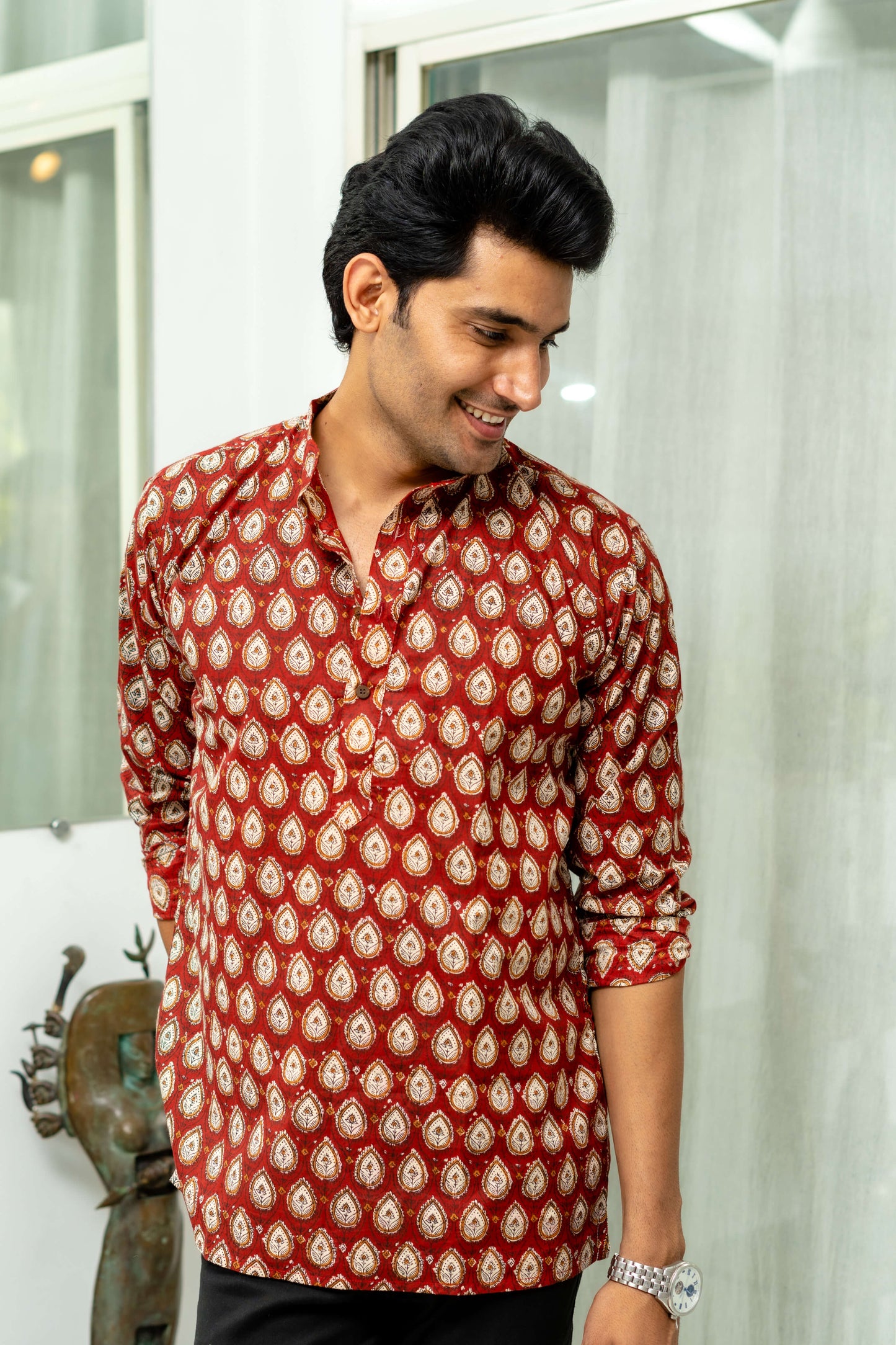 The Bagru Red Floral Print Short Kurta