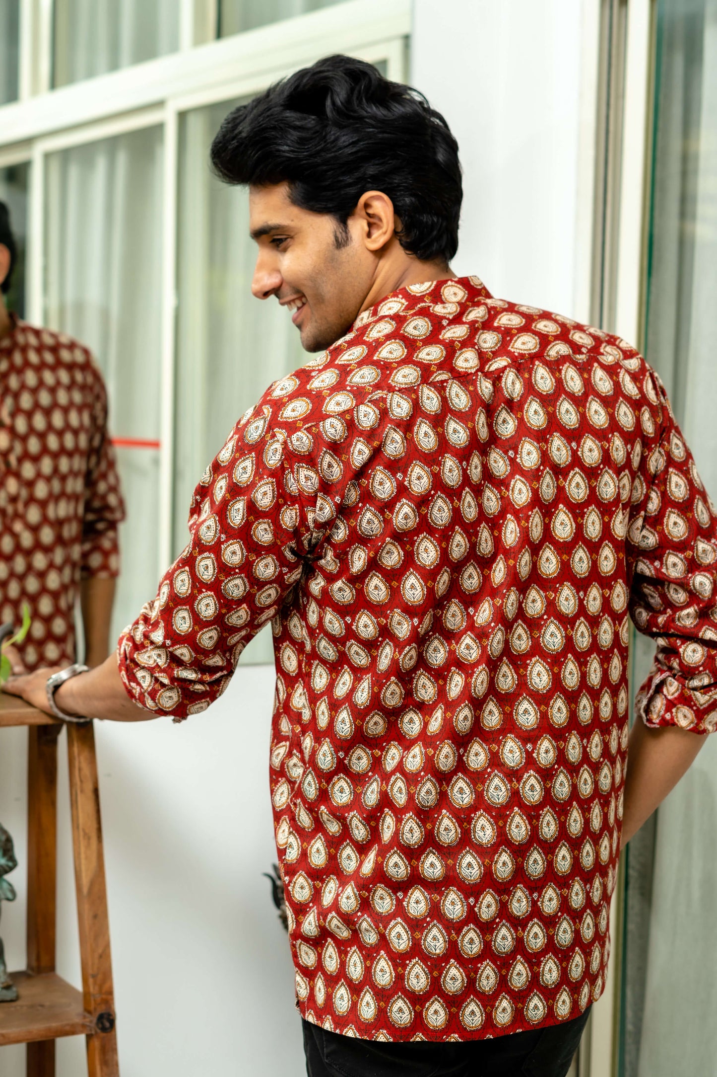 The Bagru Red Floral Print Short Kurta