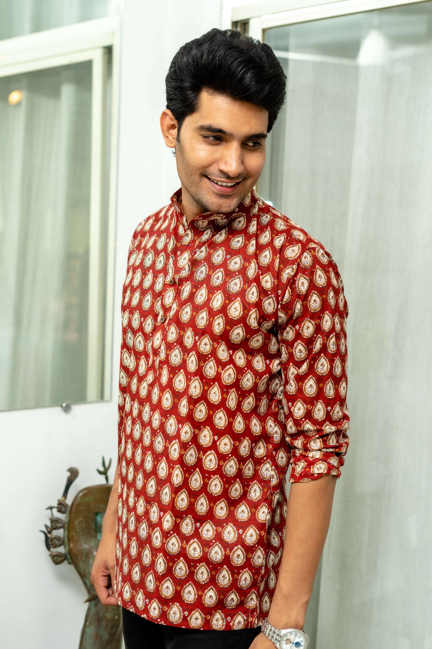 The Bagru Red Floral Print Short Kurta