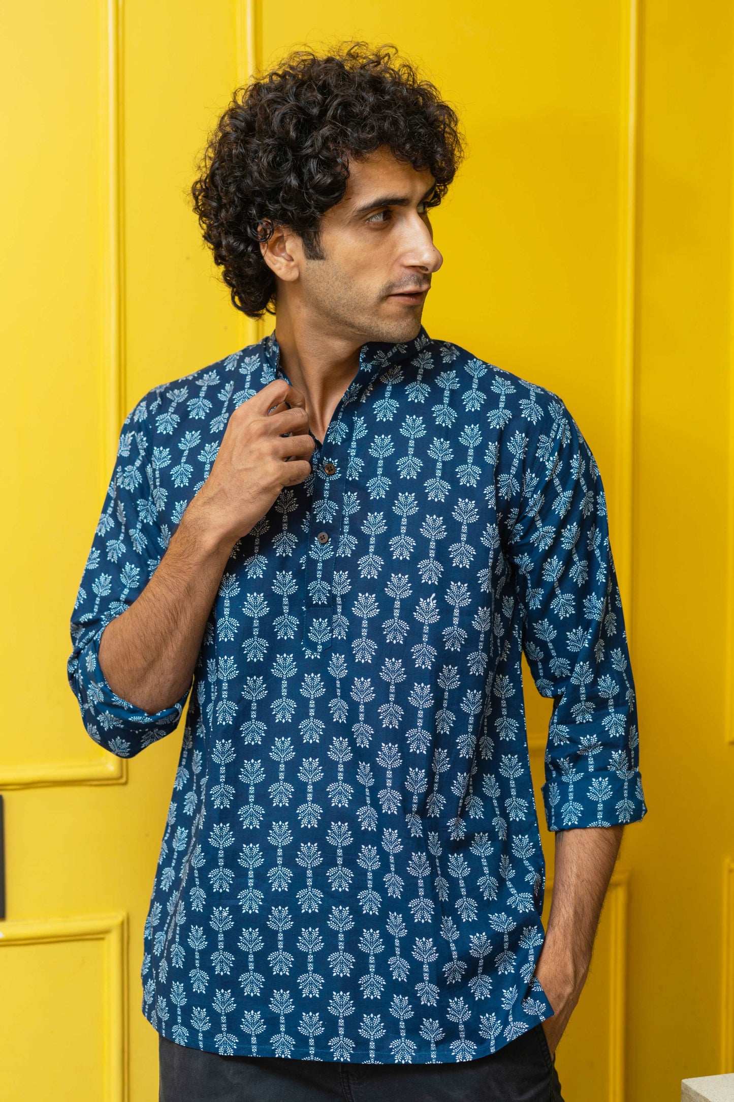 The Navy Blue Short Kurta With White Tribal Print