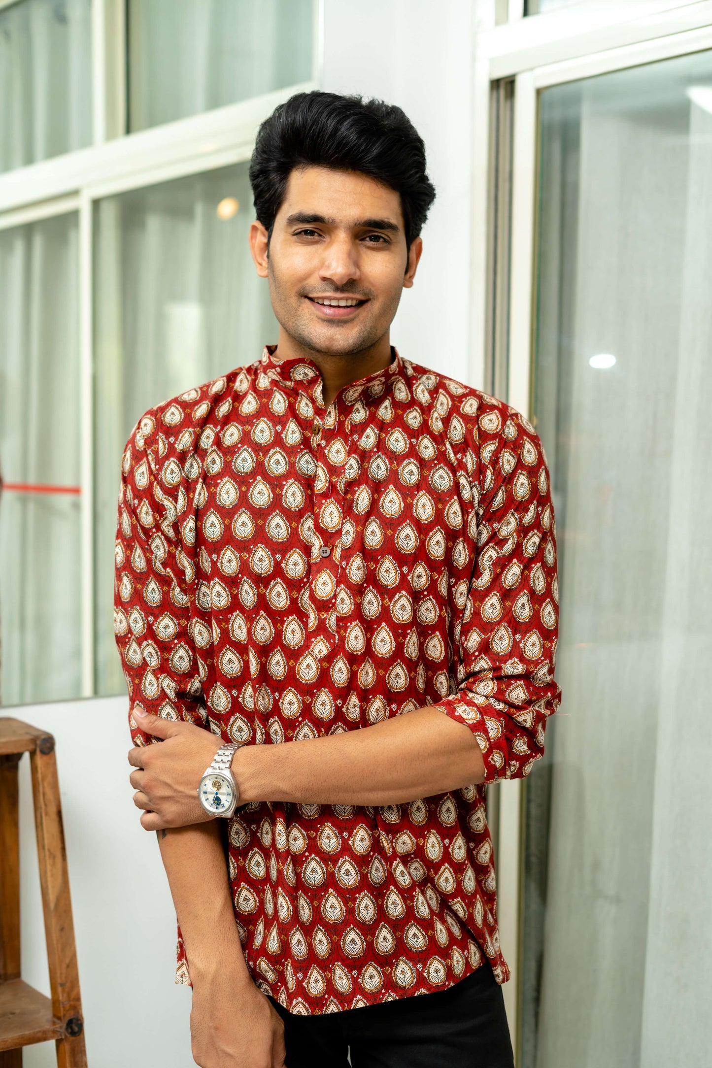 The Bagru Red Floral Print Short Kurta