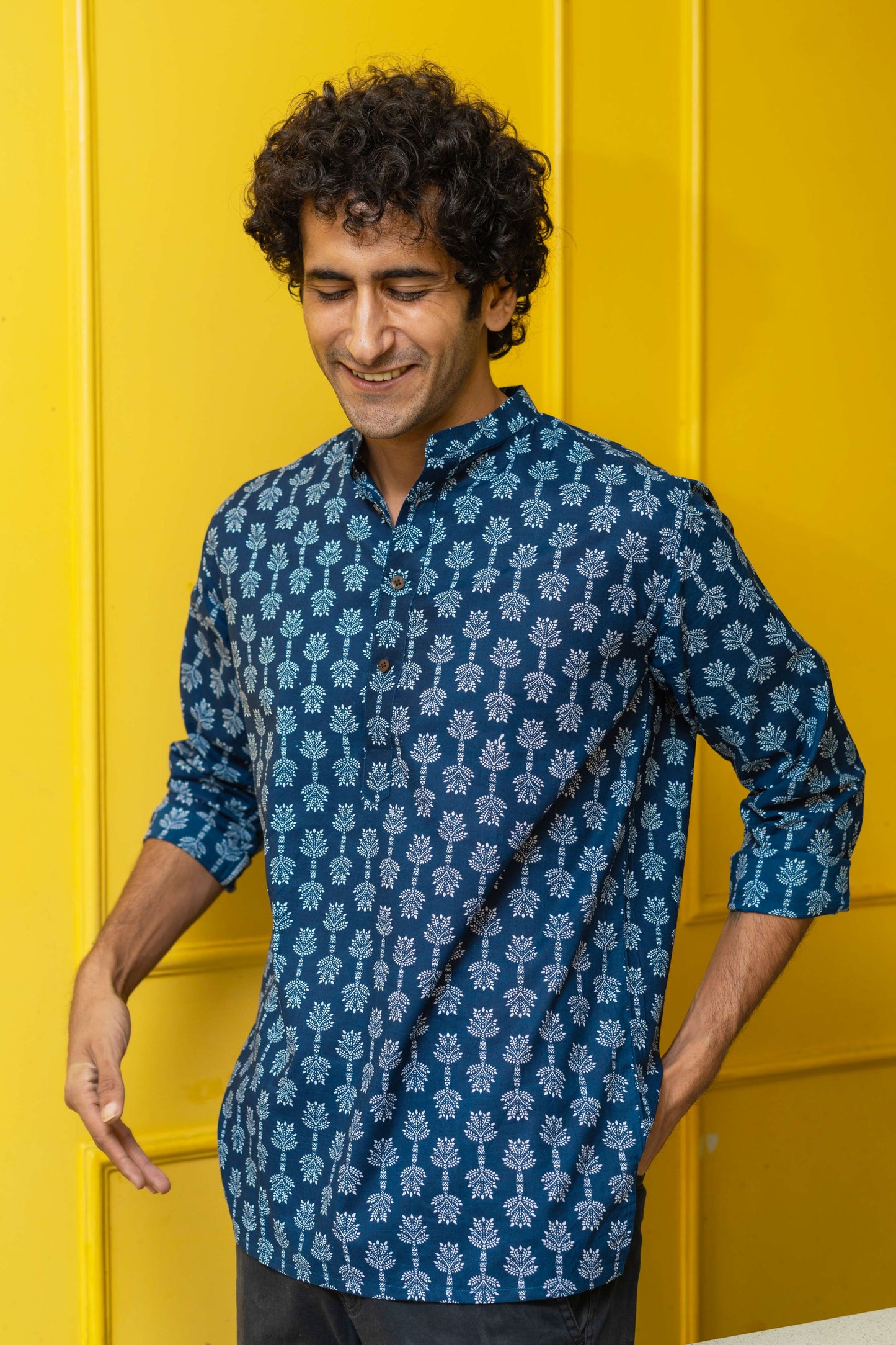The Navy Blue Short Kurta With White Tribal Print