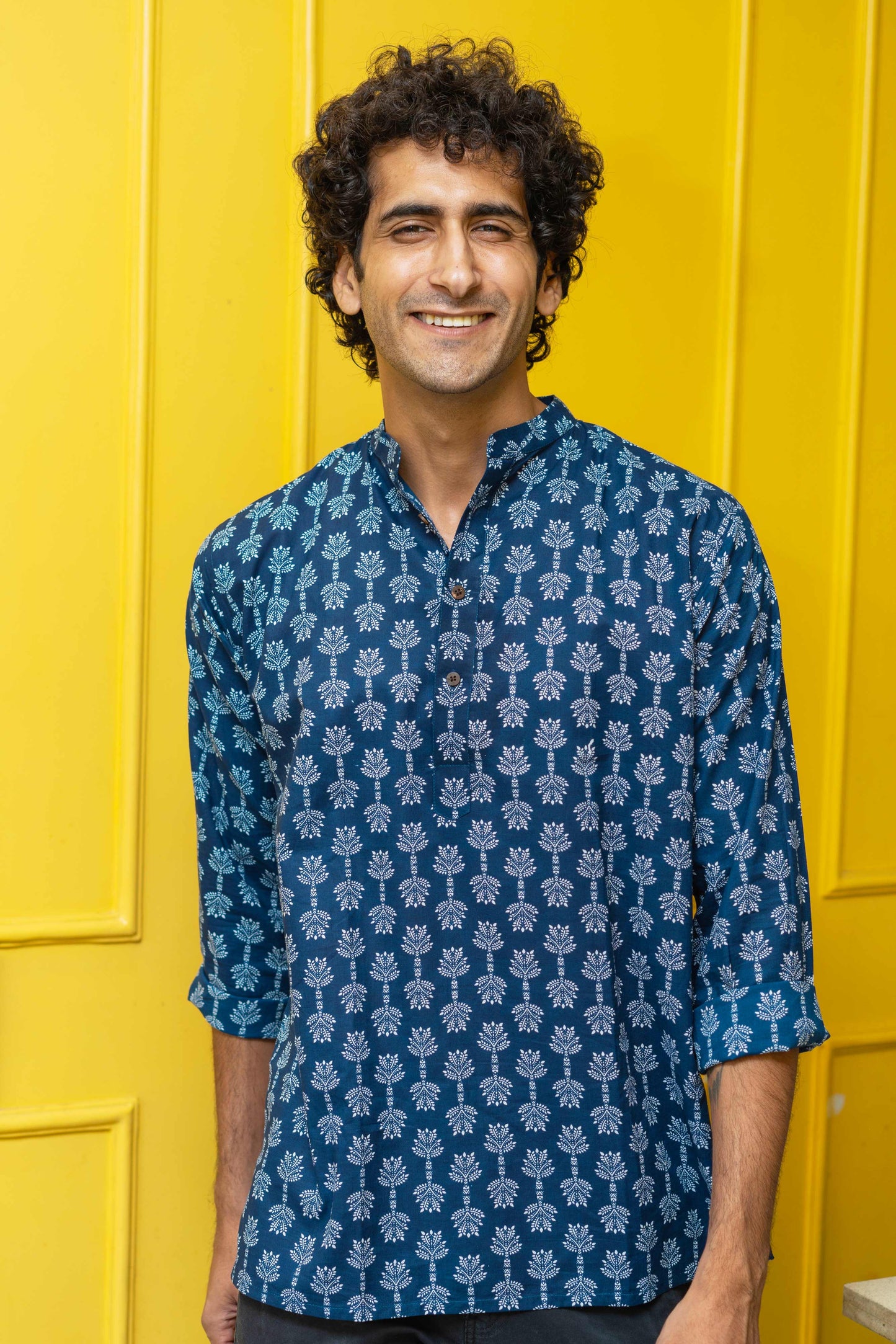 The Navy Blue Short Kurta With White Tribal Print