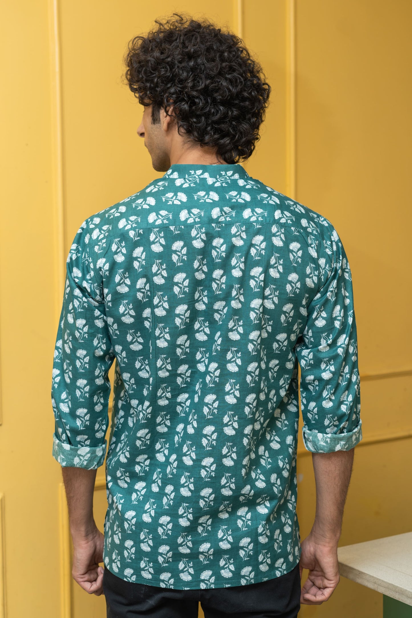 The Emerald Green White Flower Print Short Kurta