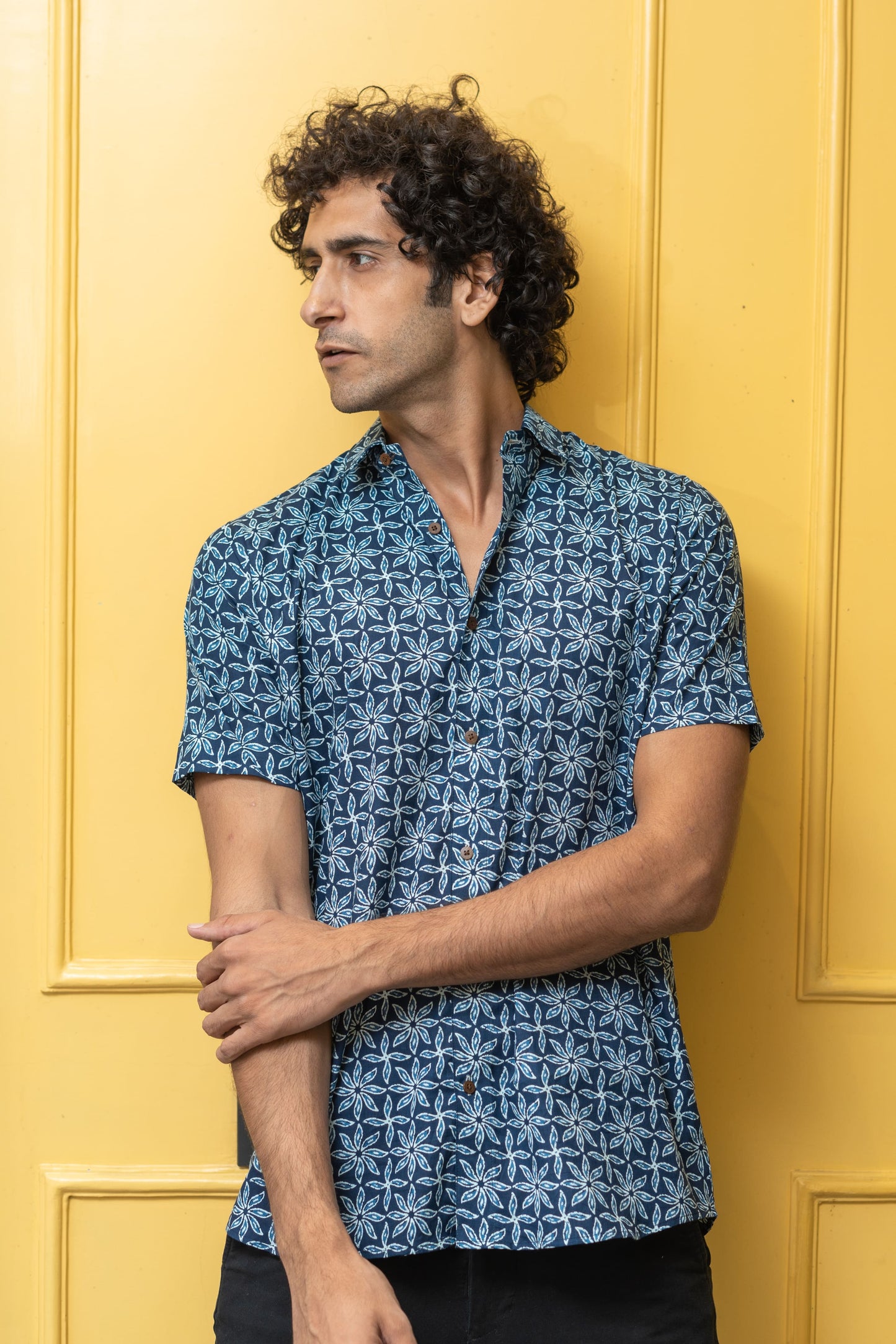 The Navy Blue All-Over Floral Print Half Sleeves Shirt