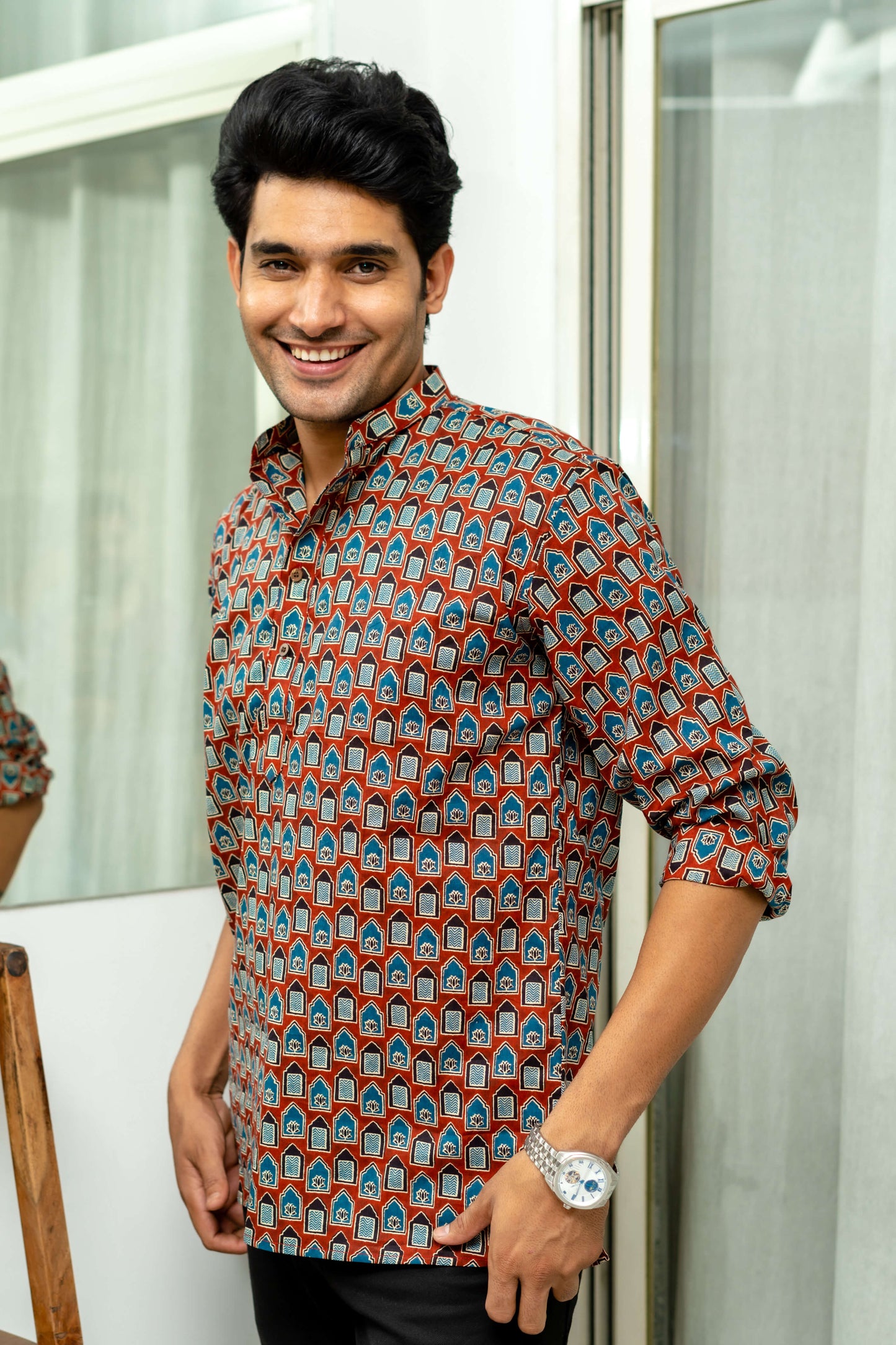 The Brick Color Short Kurta With Ethnic Tribal Print