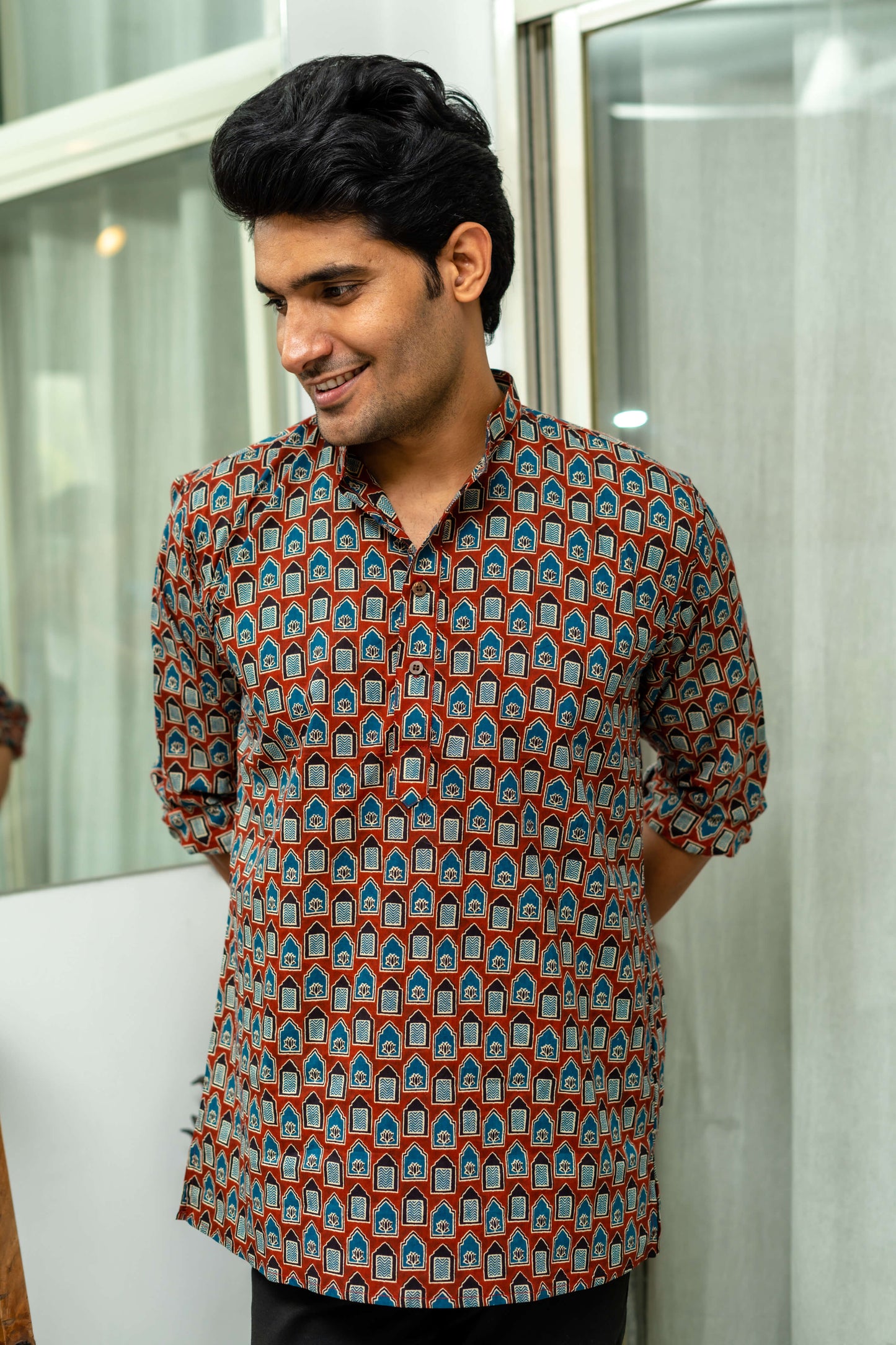 The Brick Color Short Kurta With Ethnic Tribal Print