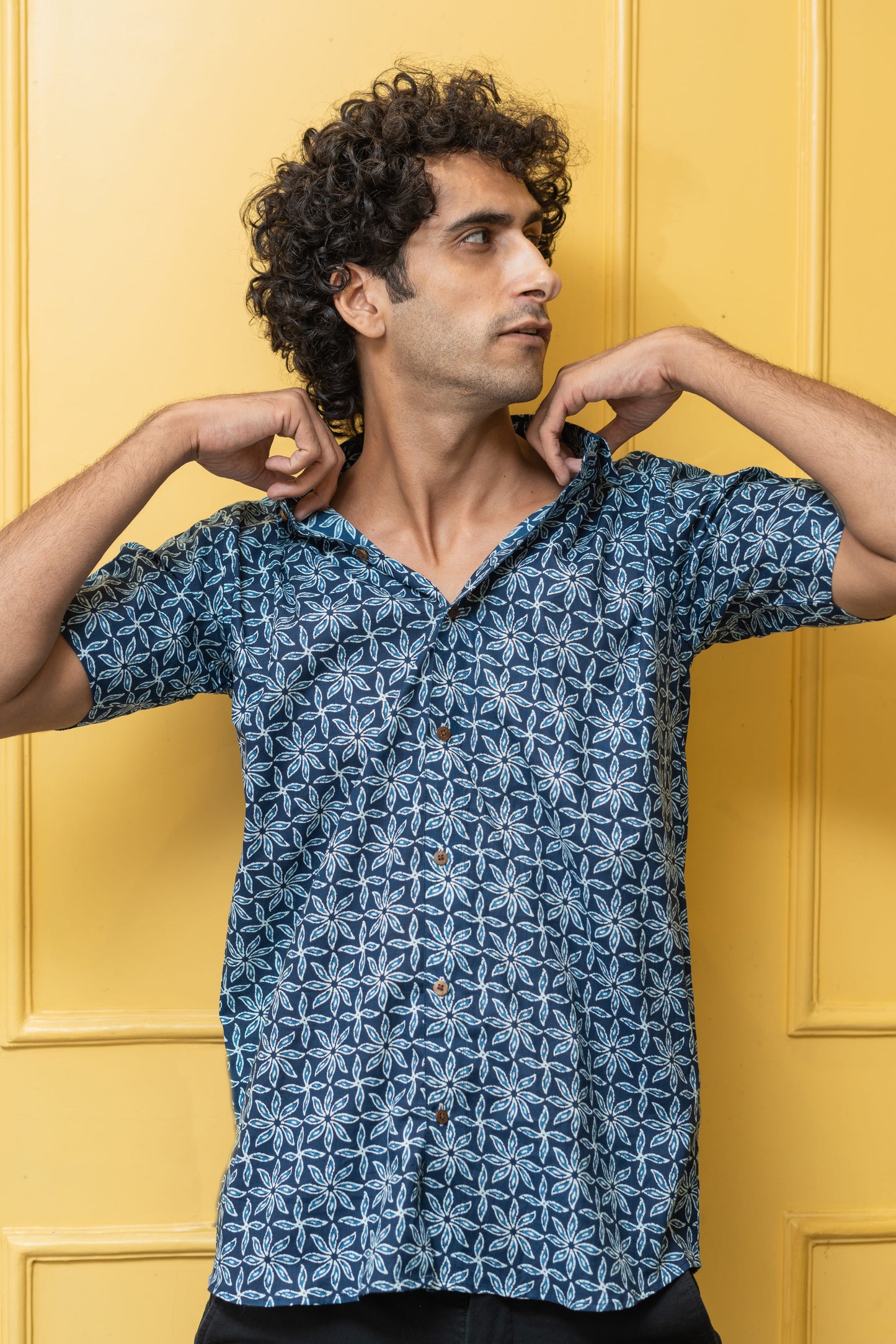 The Navy Blue All-Over Floral Print Half Sleeves Shirt