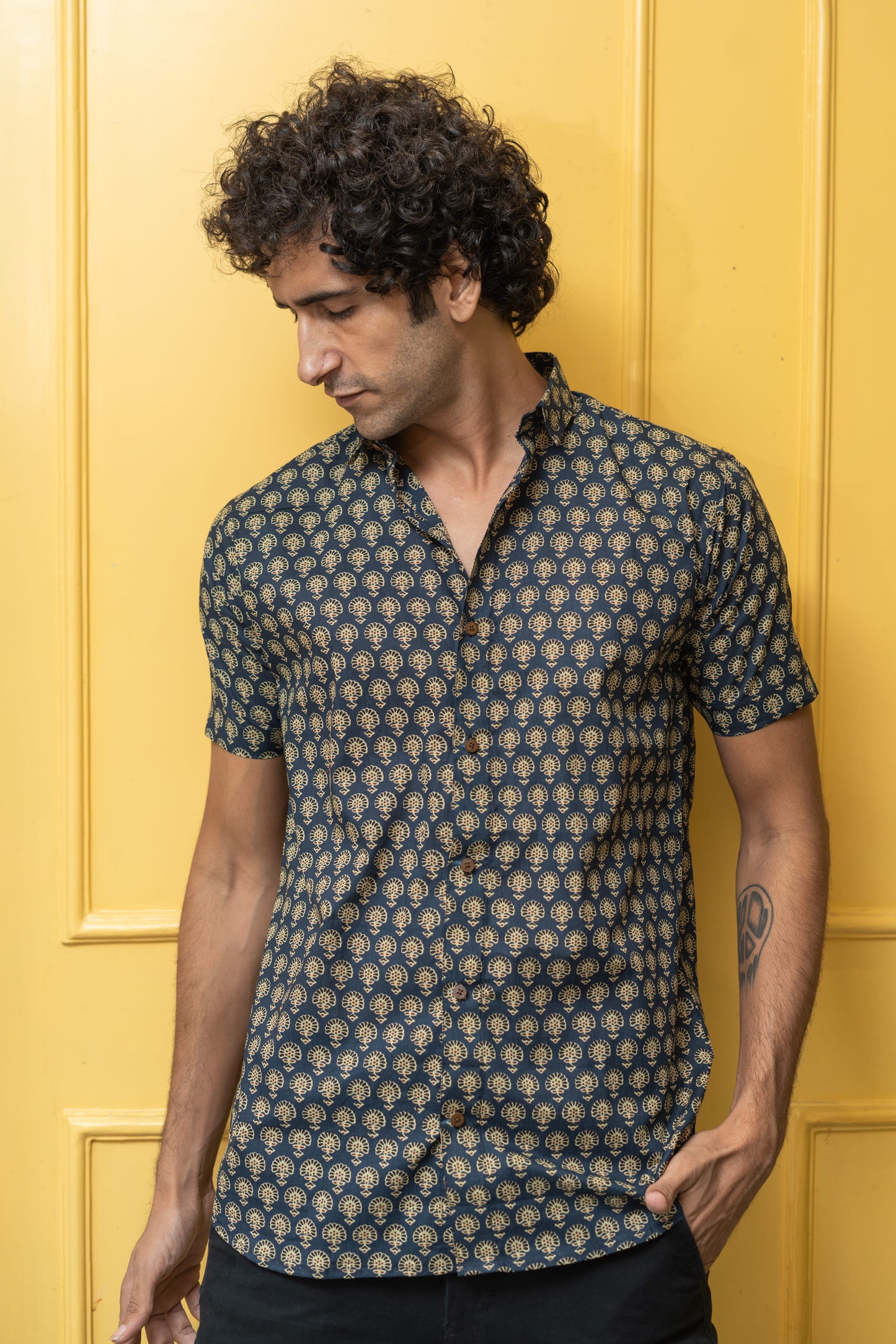 The Blue Floral Ajrak Look Print Half Sleeves Shirt