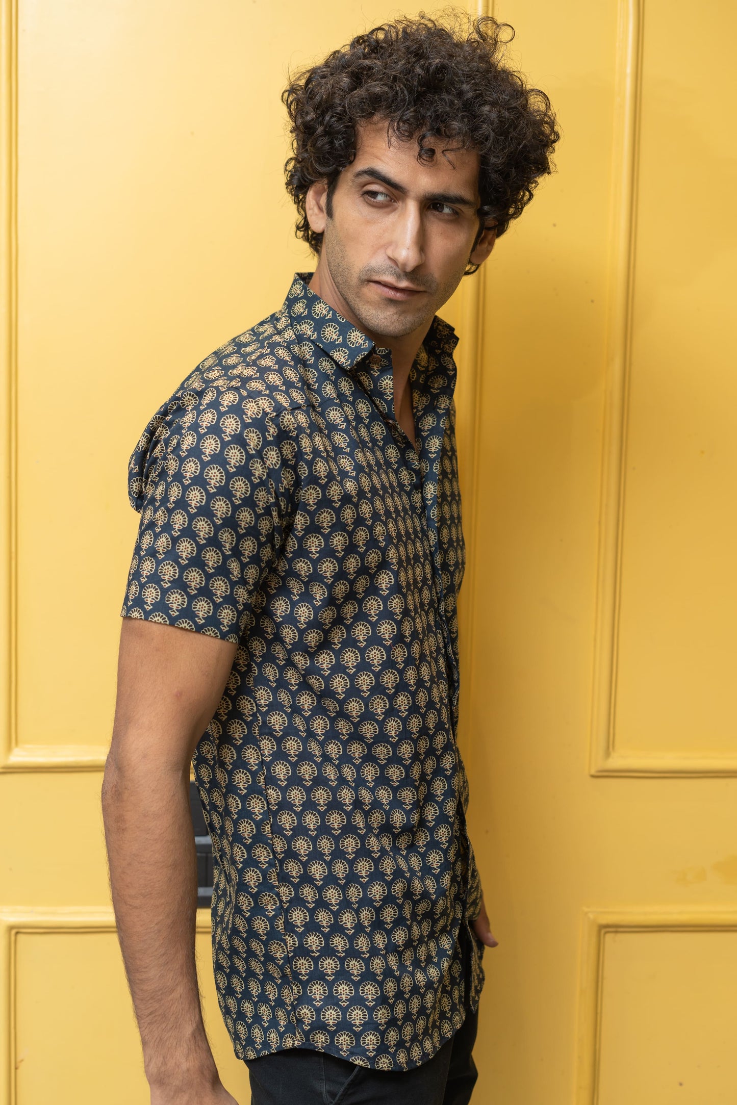 The Blue Floral Ajrak Look Print Half Sleeves Shirt