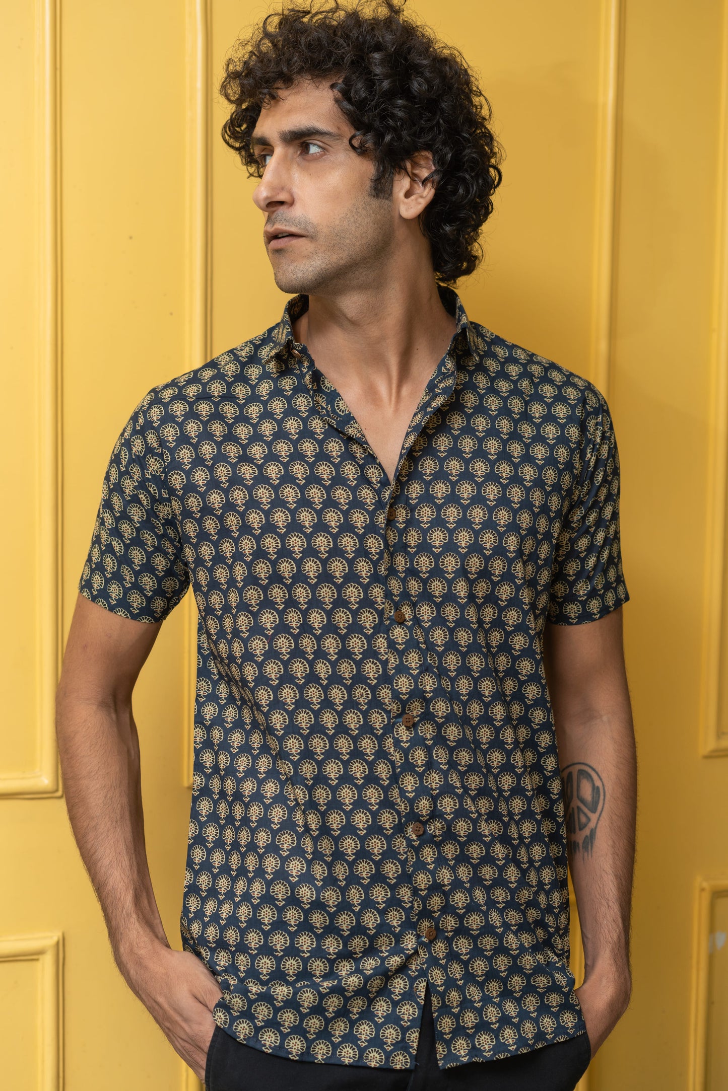 The Blue Floral Ajrak Look Print Half Sleeves Shirt