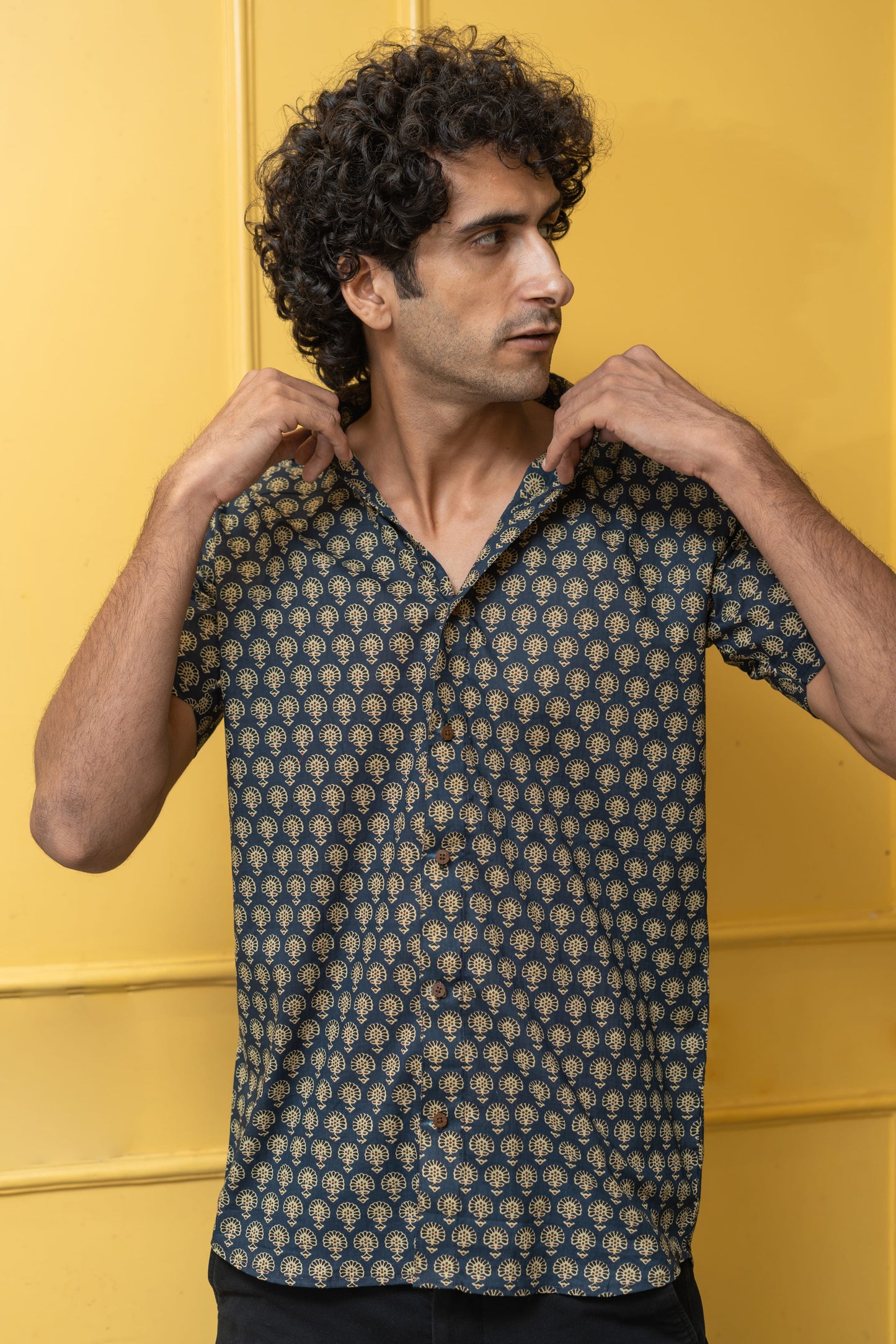 The Blue Floral Ajrak Look Print Half Sleeves Shirt
