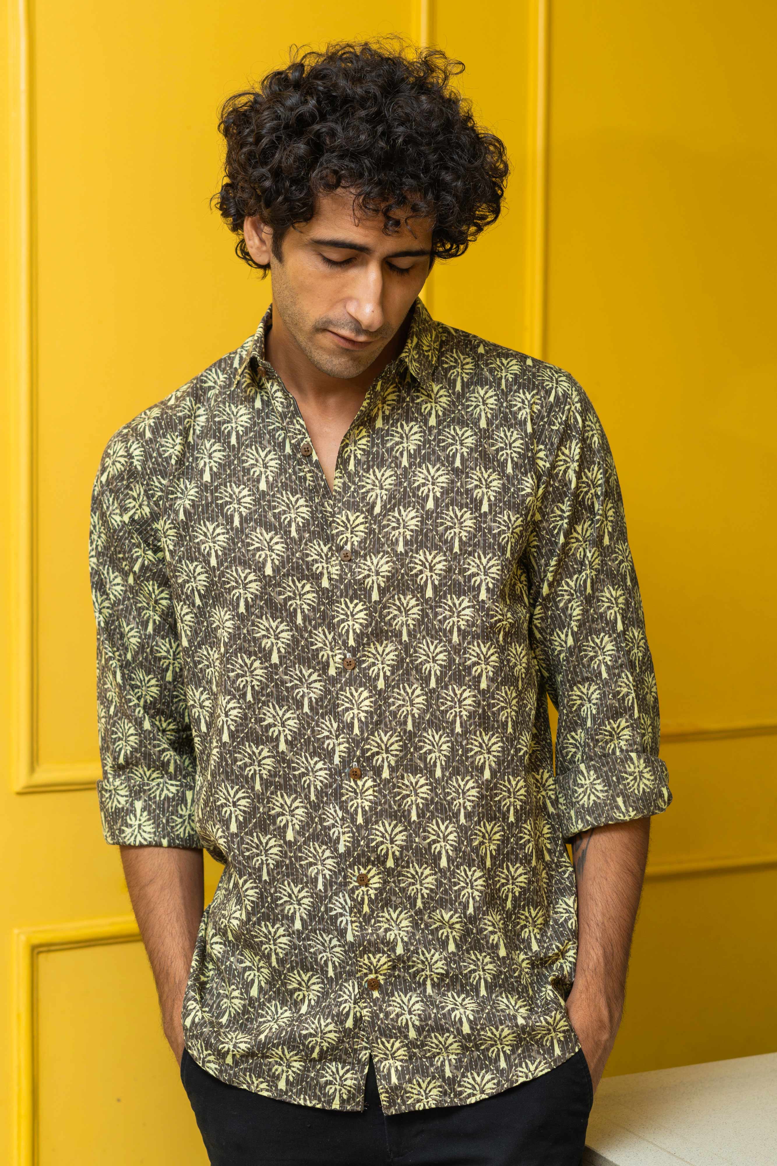 The Grey Palm Tree Print Shirt With Kantha Work Shasak the-grey-palm-tree-print-shirt-with-kantha-work-shasak
