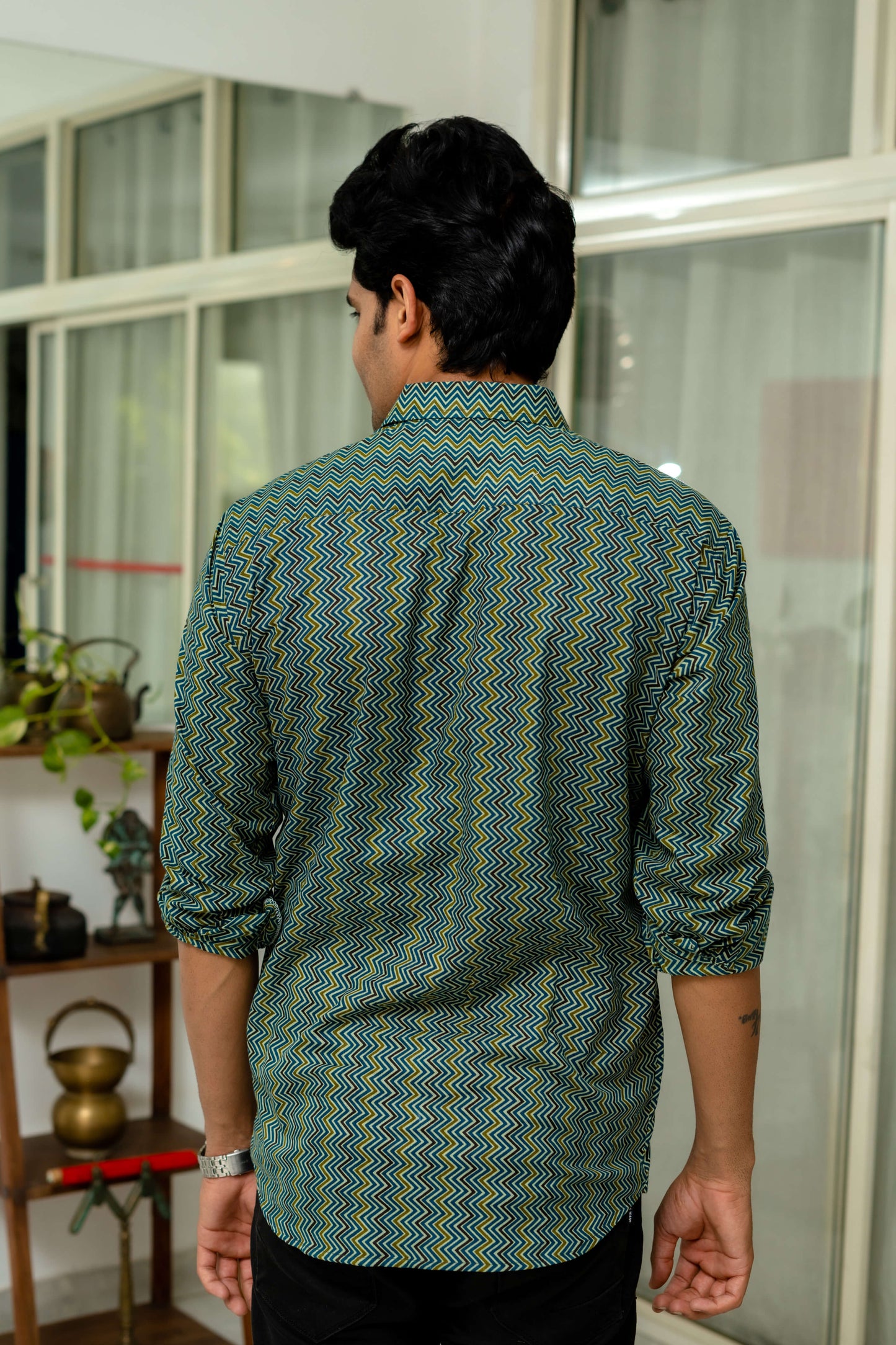 The Green And Mustard Tribal Zig-Zag Print Shirt