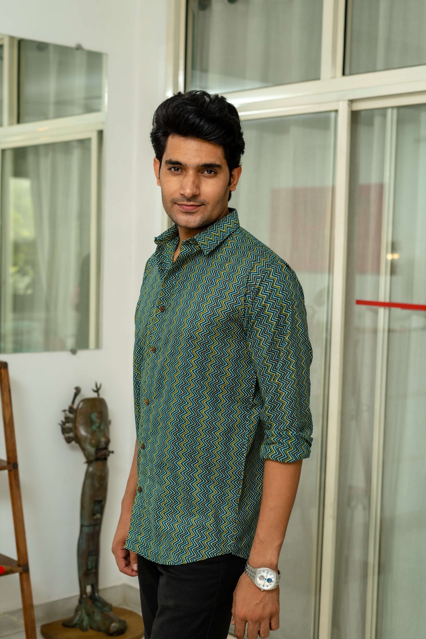 The Green And Mustard Tribal Zig-Zag Print Shirt