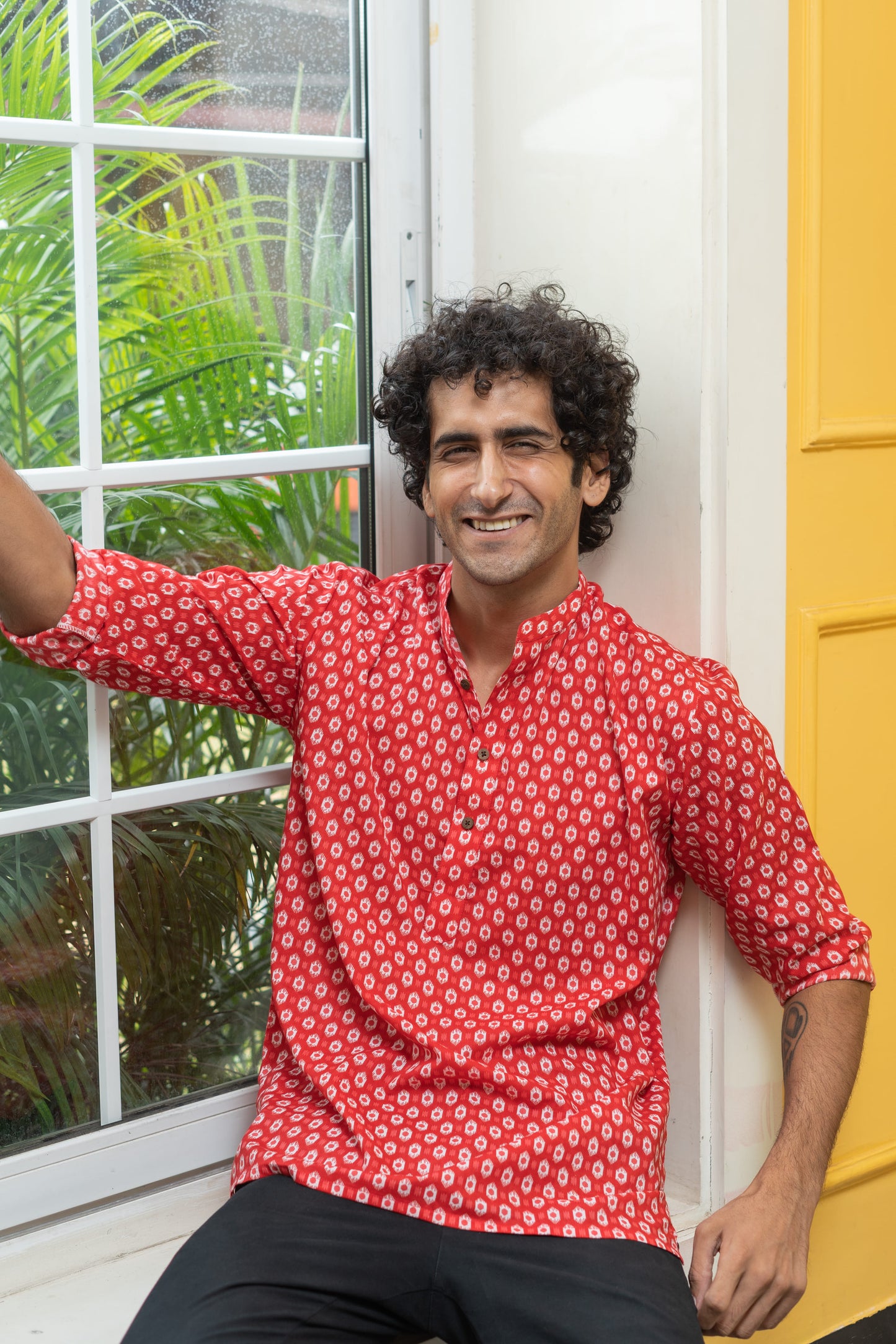 The Red Geometric Ikat Print Short Kurta