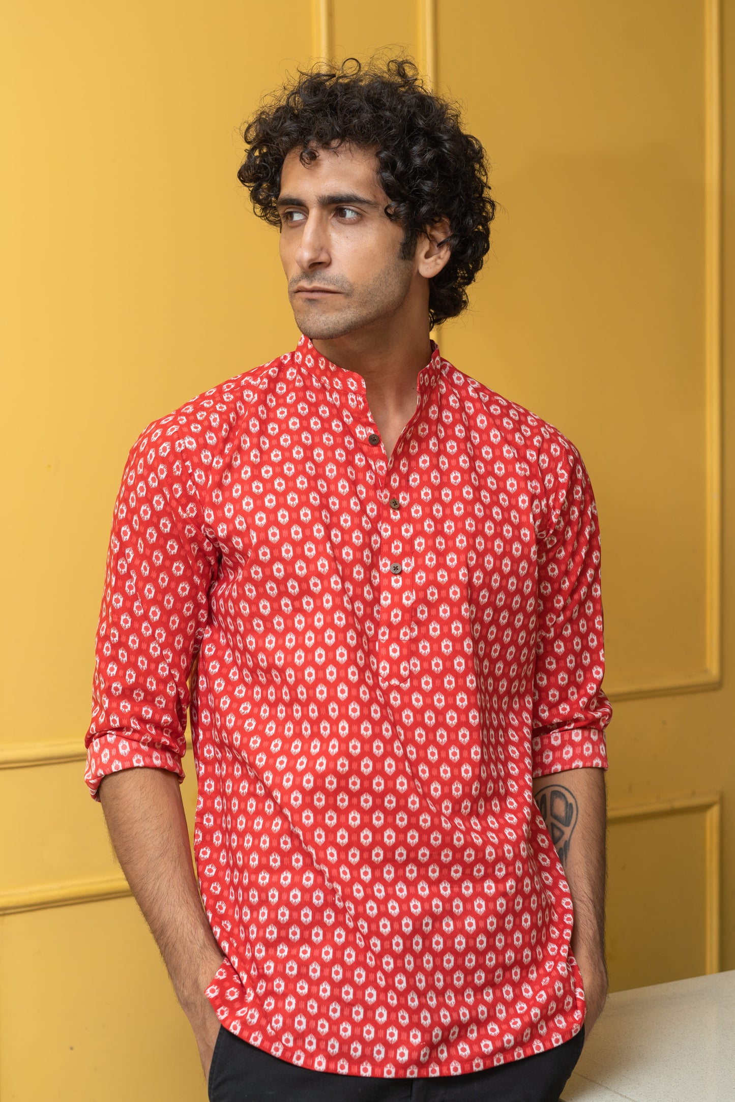 The Red Geometric Ikat Print Short Kurta