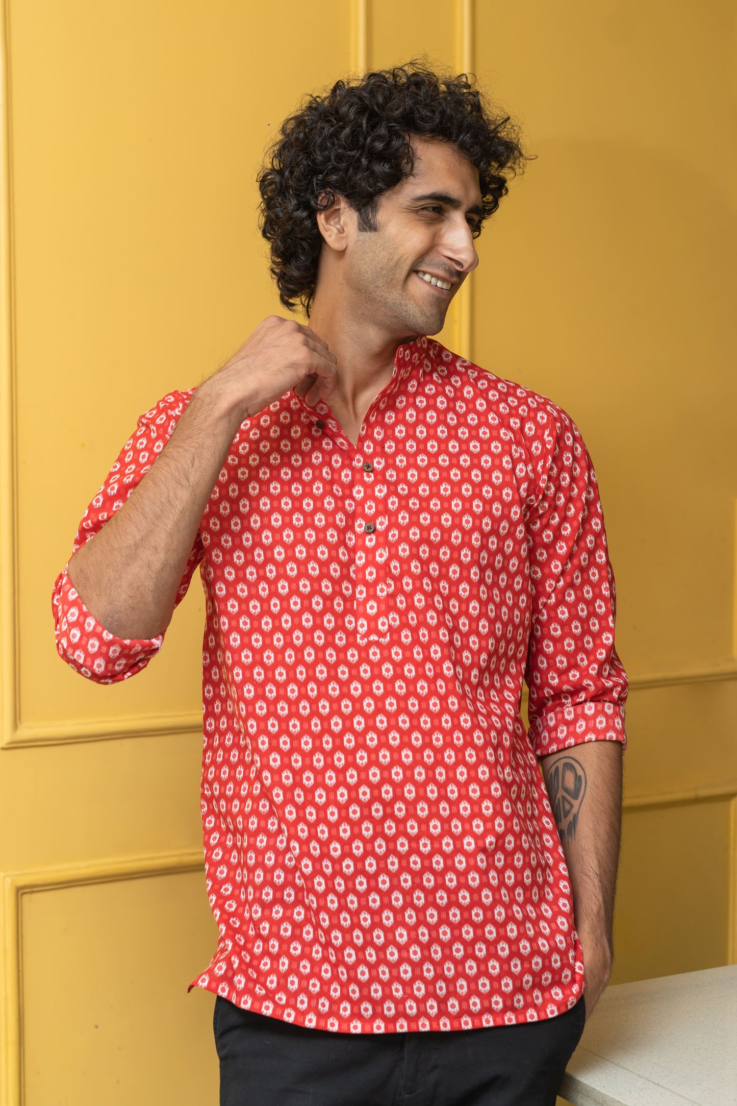 The Red Geometric Ikat Print Short Kurta