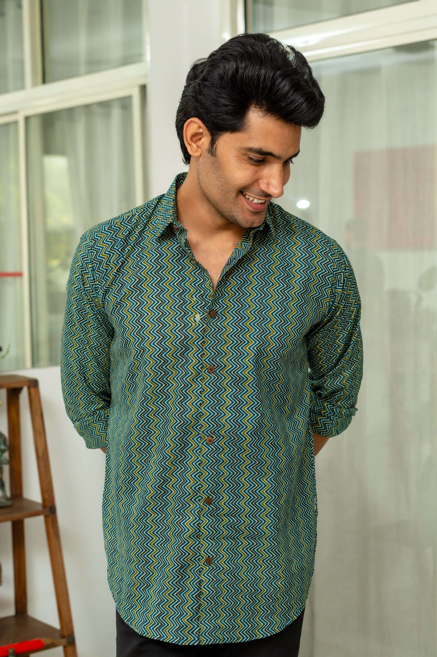 The Green And Mustard Tribal Zig-Zag Print Shirt
