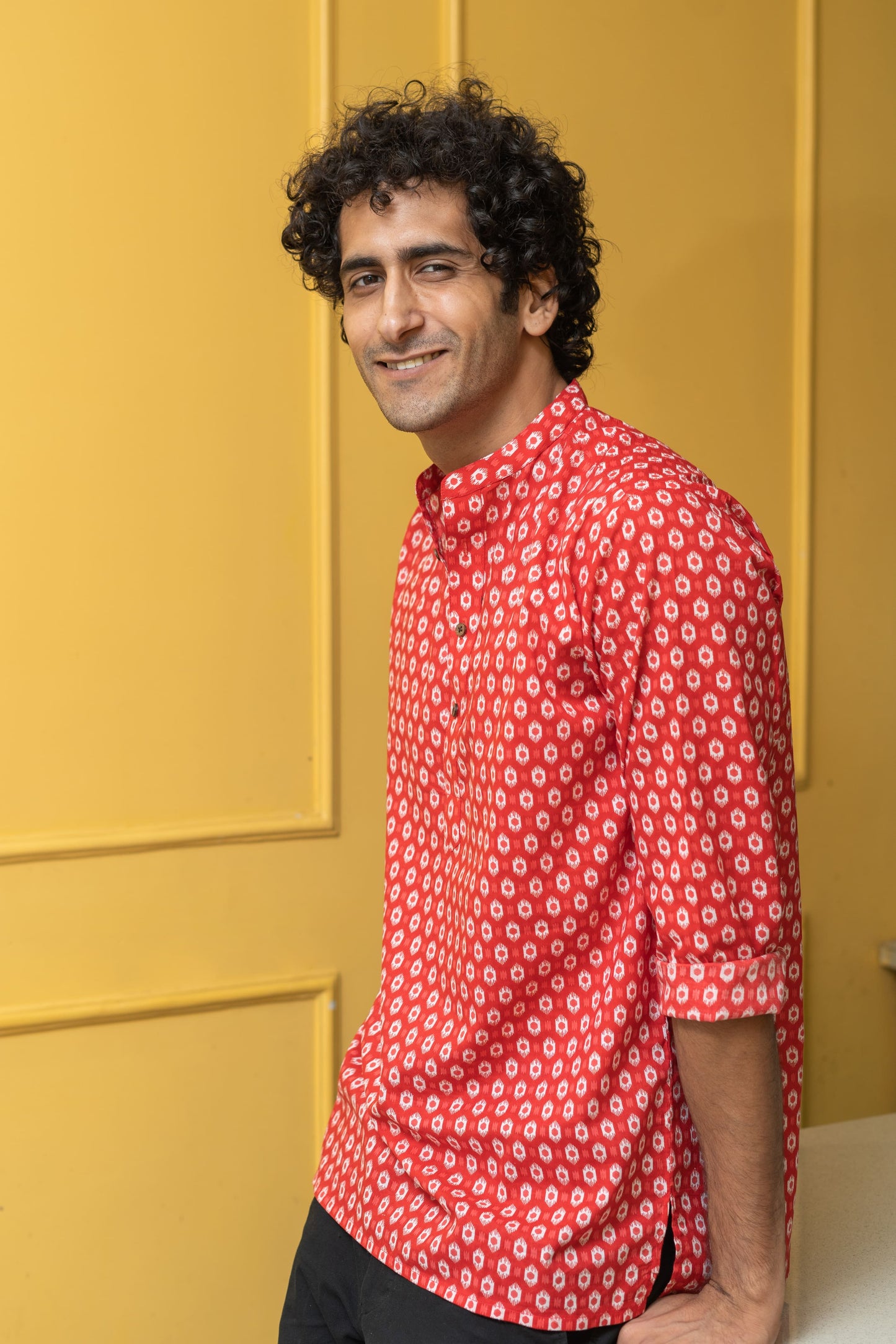 The Red Geometric Ikat Print Short Kurta