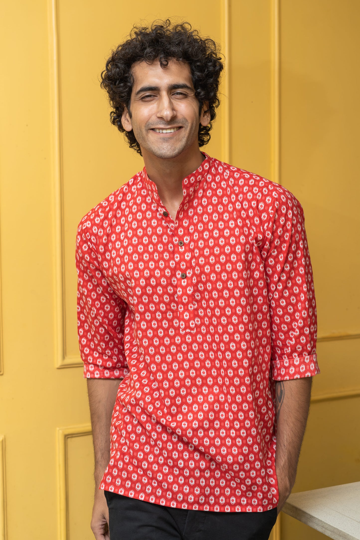 The Red Geometric Ikat Print Short Kurta