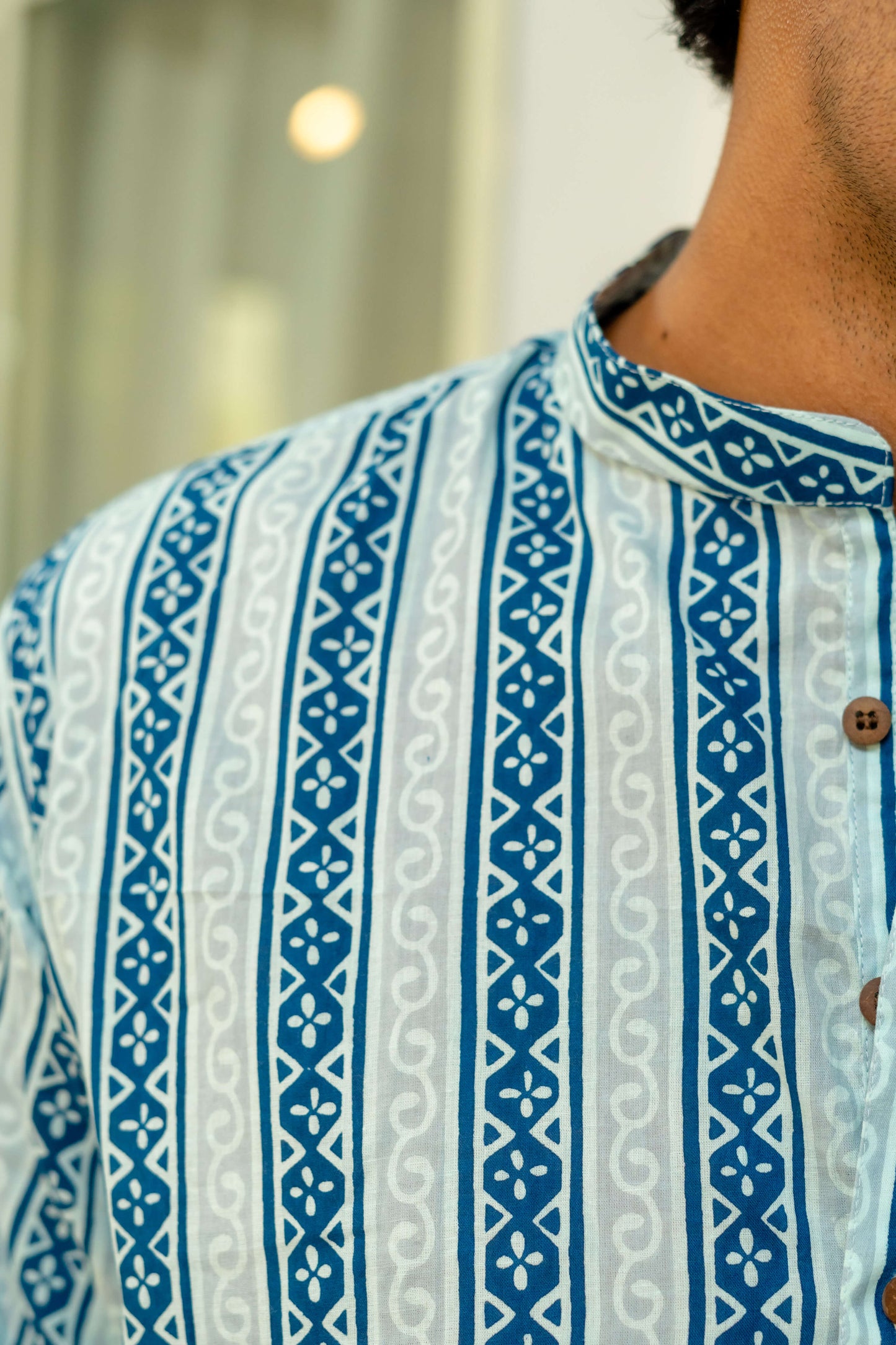 The Blue And Grey Floral Stripe Print Short Kurta