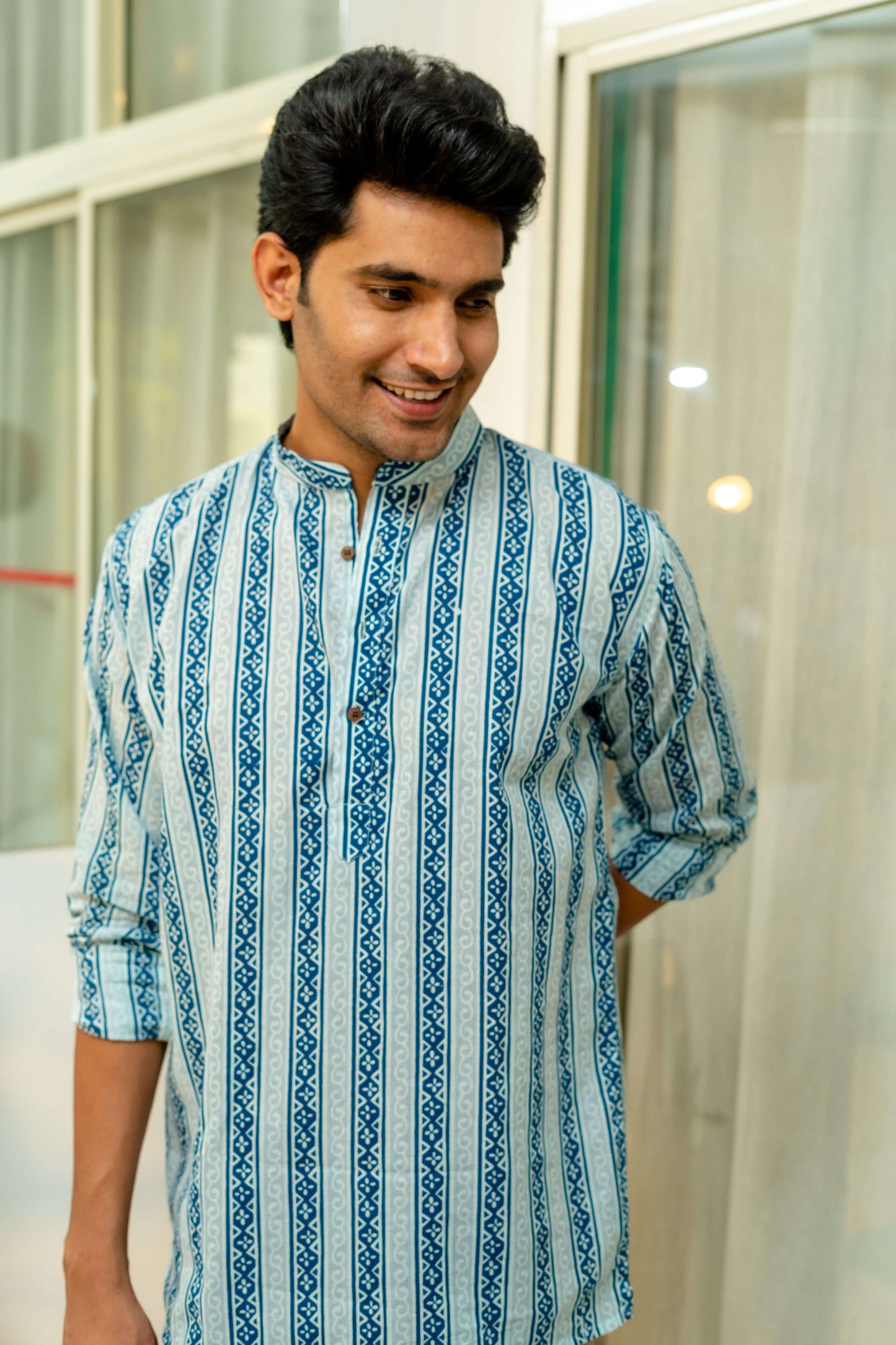 The Blue And Grey Floral Stripe Print Short Kurta