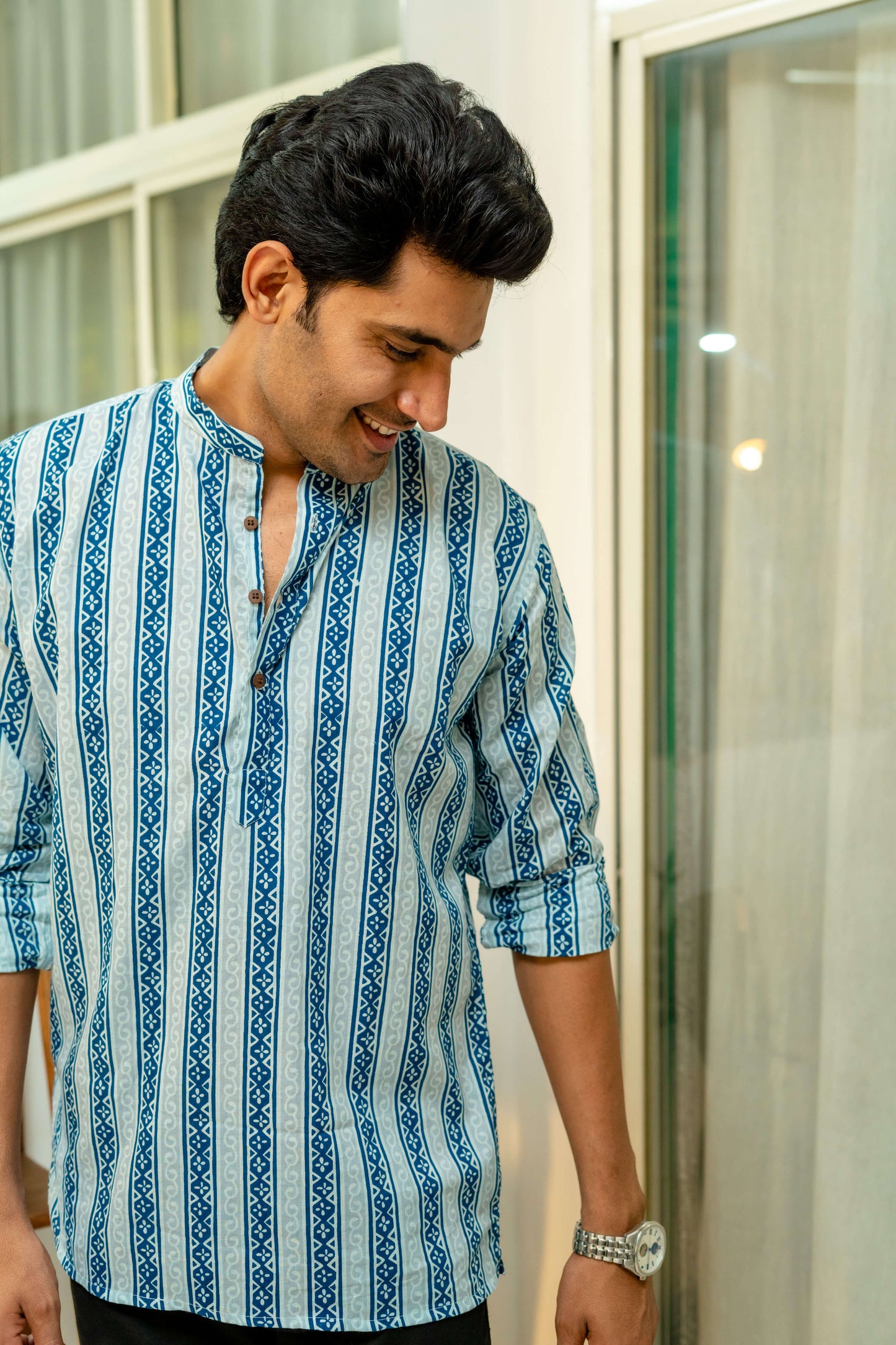 The Blue And Grey Floral Stripe Print Short Kurta