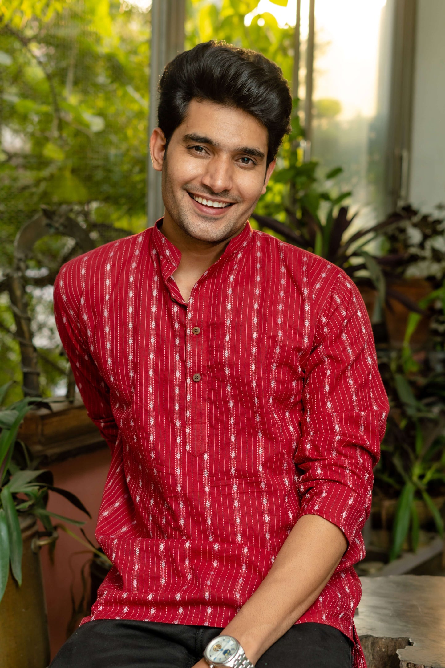 The Maroon Short Kurta With Striped Self Work