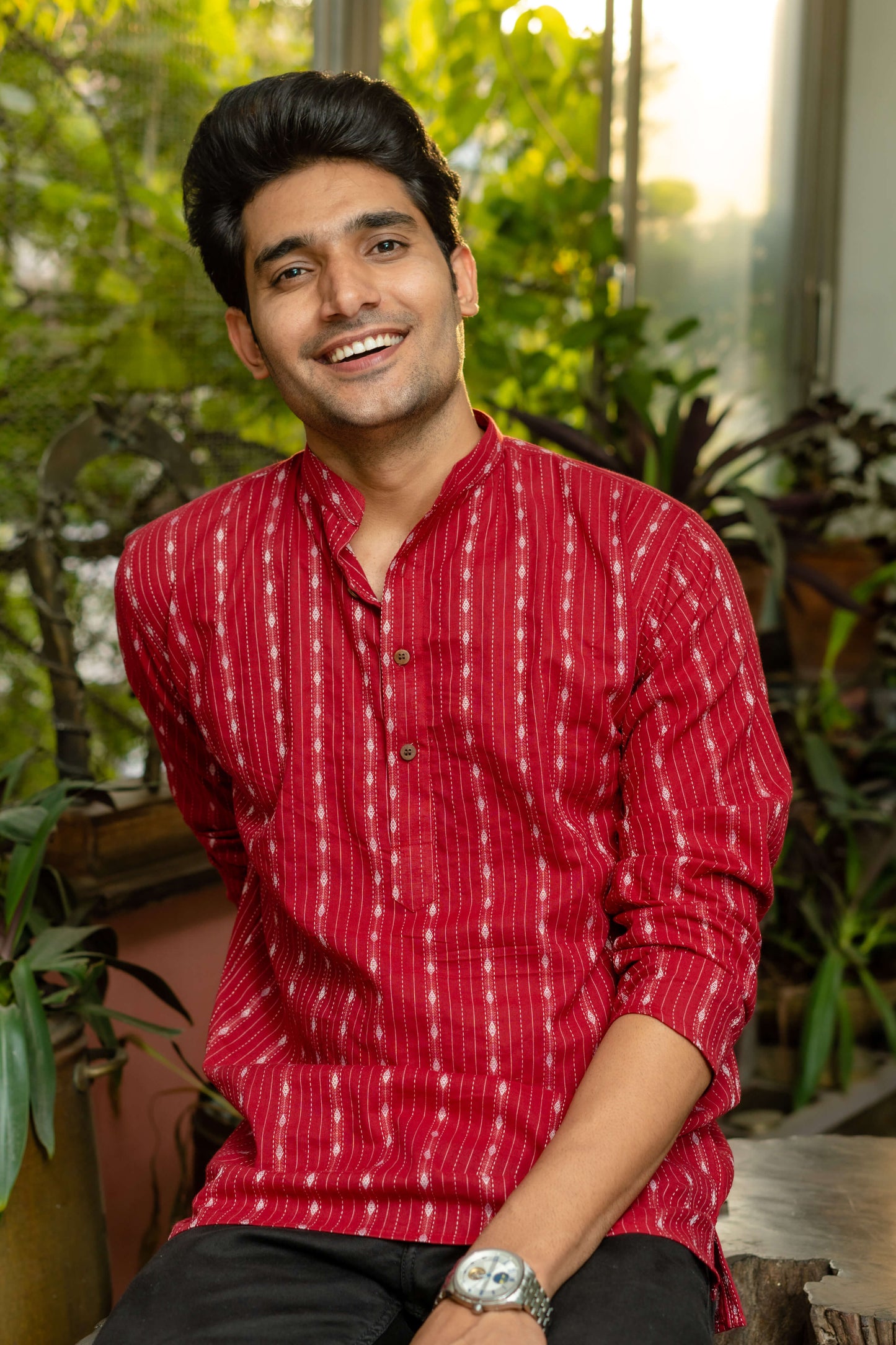 The Maroon Short Kurta With Striped Self Work