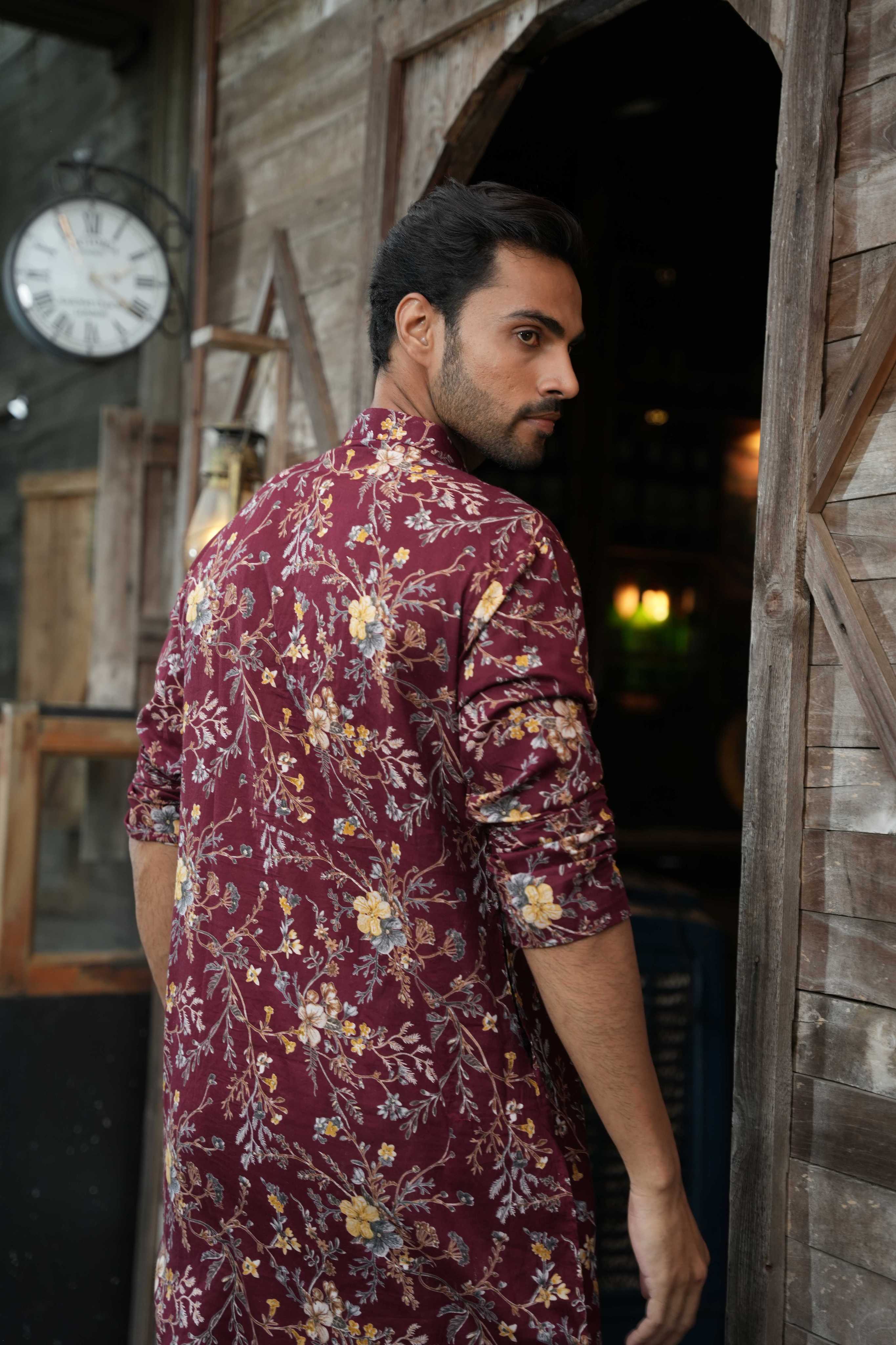 The Maroon Golden Garden Long Kurta