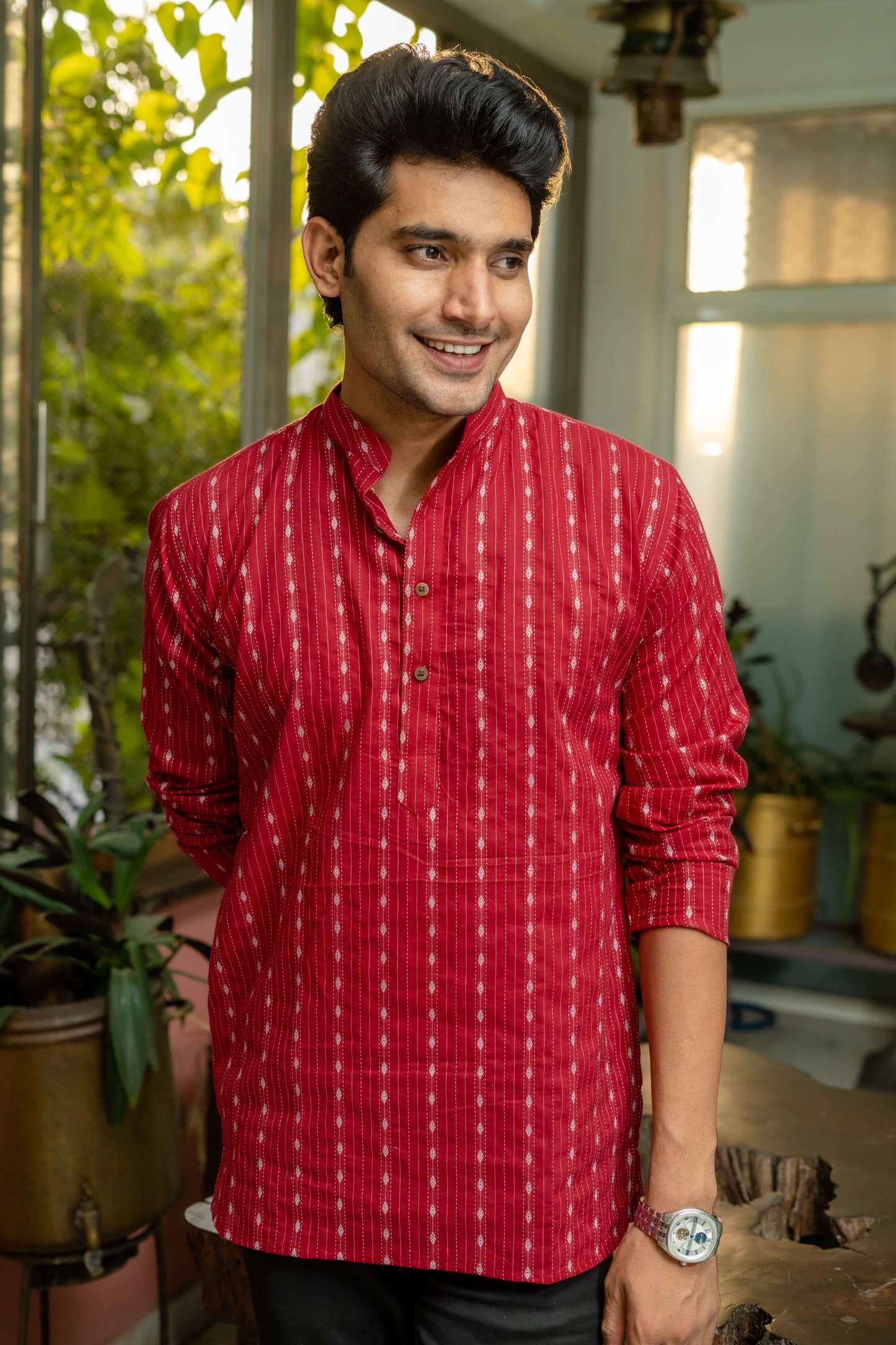 The Maroon Short Kurta With Striped Self Work