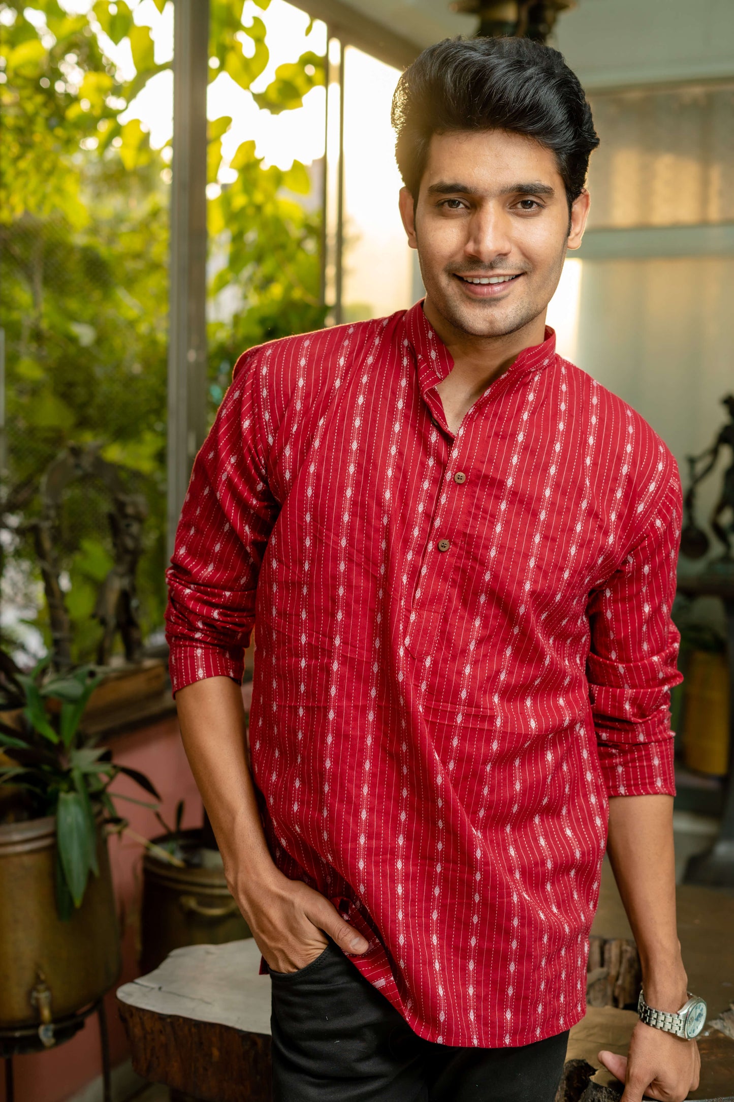 The Maroon Short Kurta With Striped Self Work